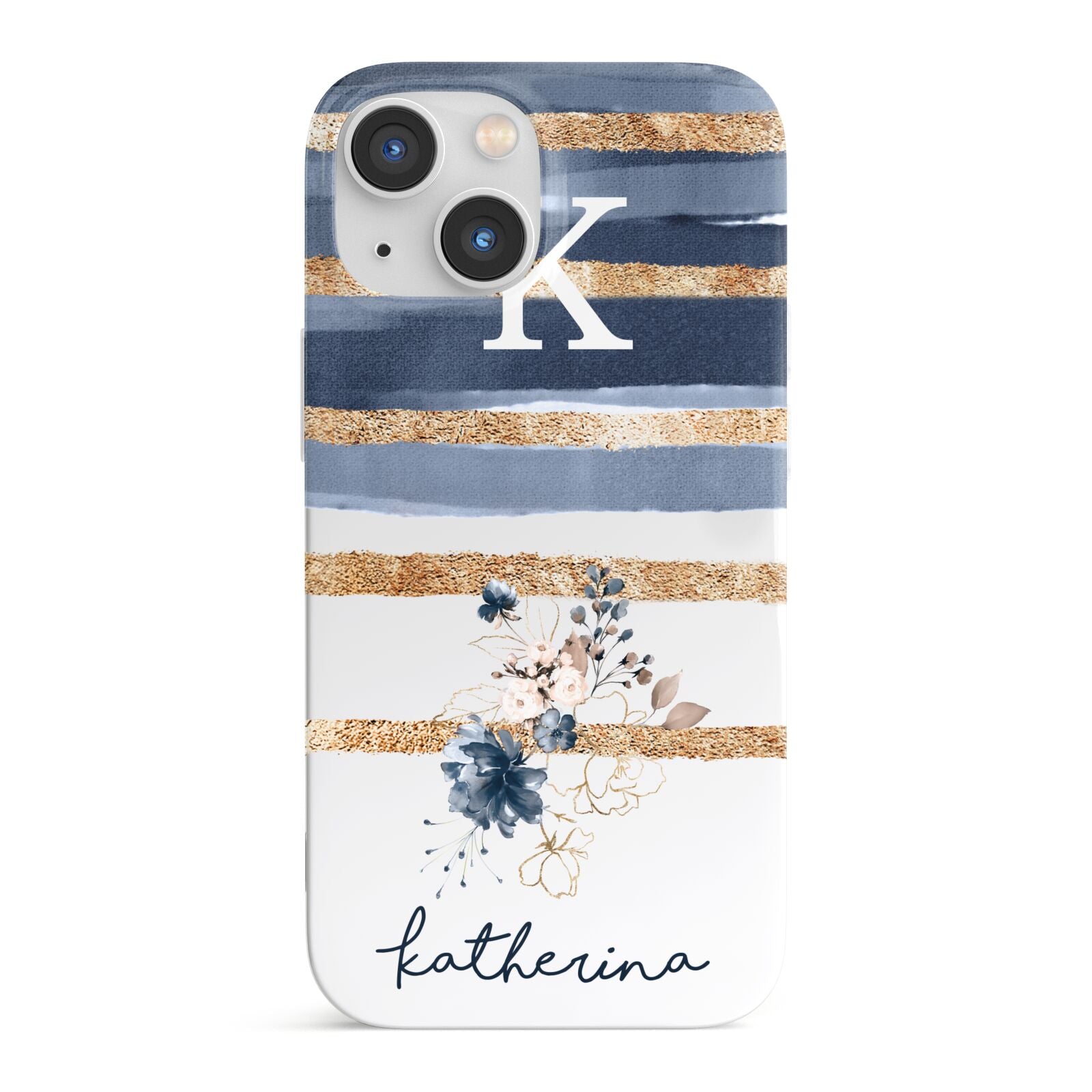Personalised Gold Striped Watercolour iPhone 13 Mini Full Wrap 3D Snap Case