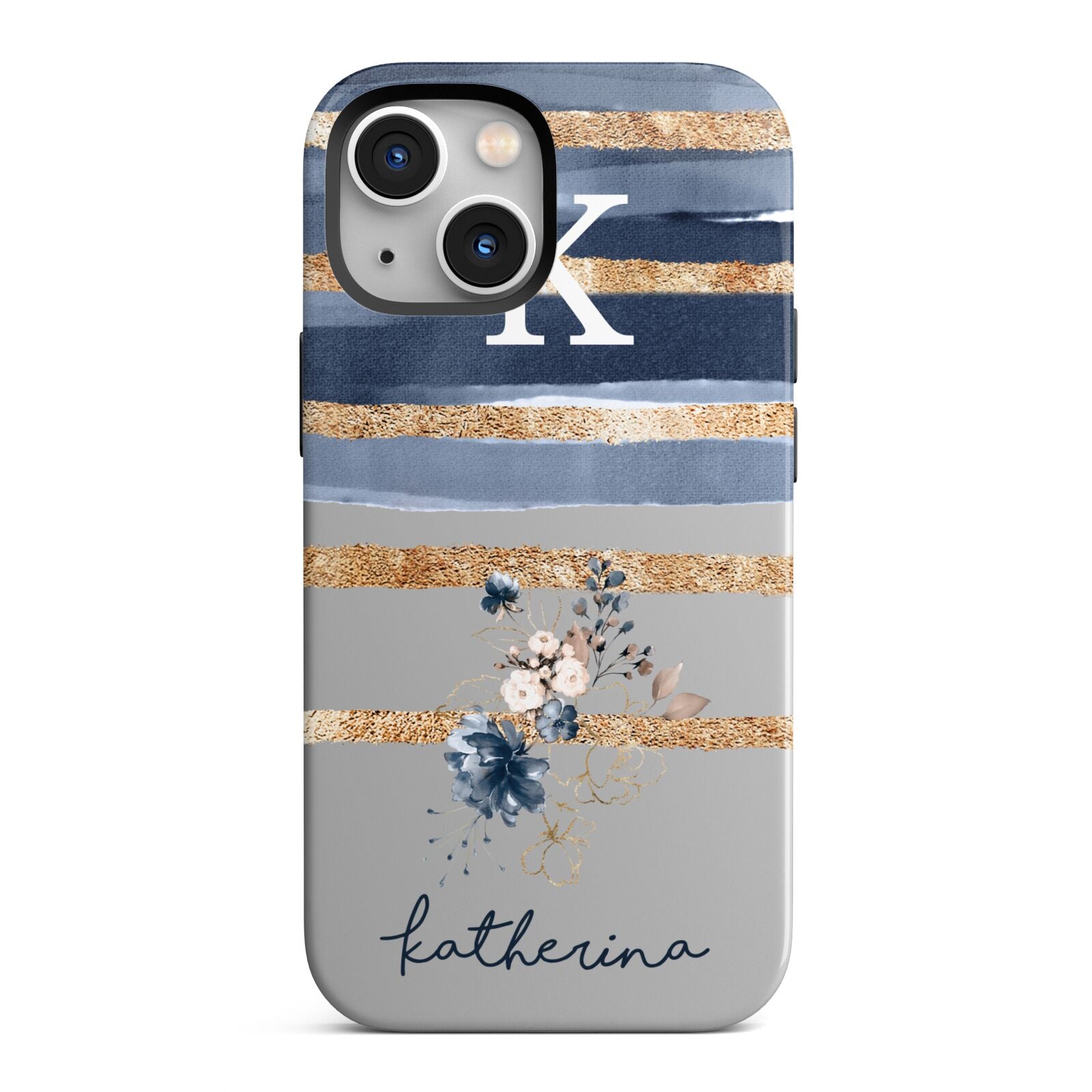Personalised Gold Striped Watercolour iPhone 13 Mini Full Wrap 3D Tough Case