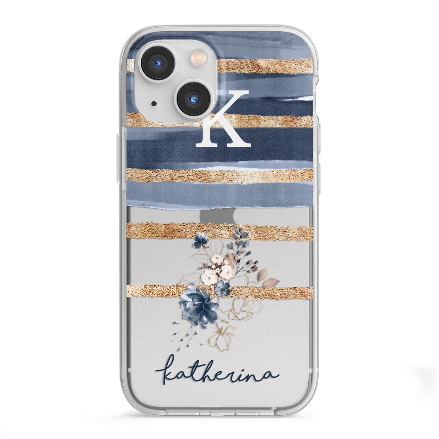 Personalised Gold Striped Watercolour iPhone 13 Mini TPU Impact Case with White Edges