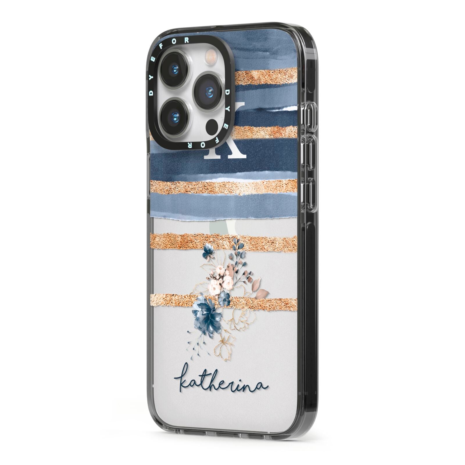 Personalised Gold Striped Watercolour iPhone 13 Pro Black Impact Case Side Angle on Silver phone