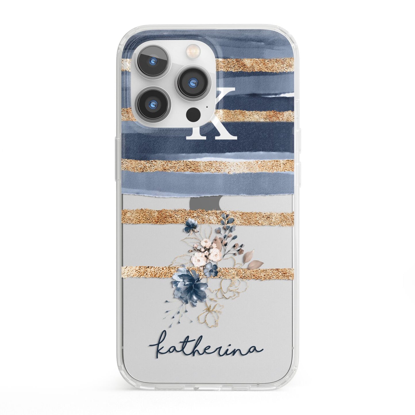 Personalised Gold Striped Watercolour iPhone 13 Pro Clear Bumper Case