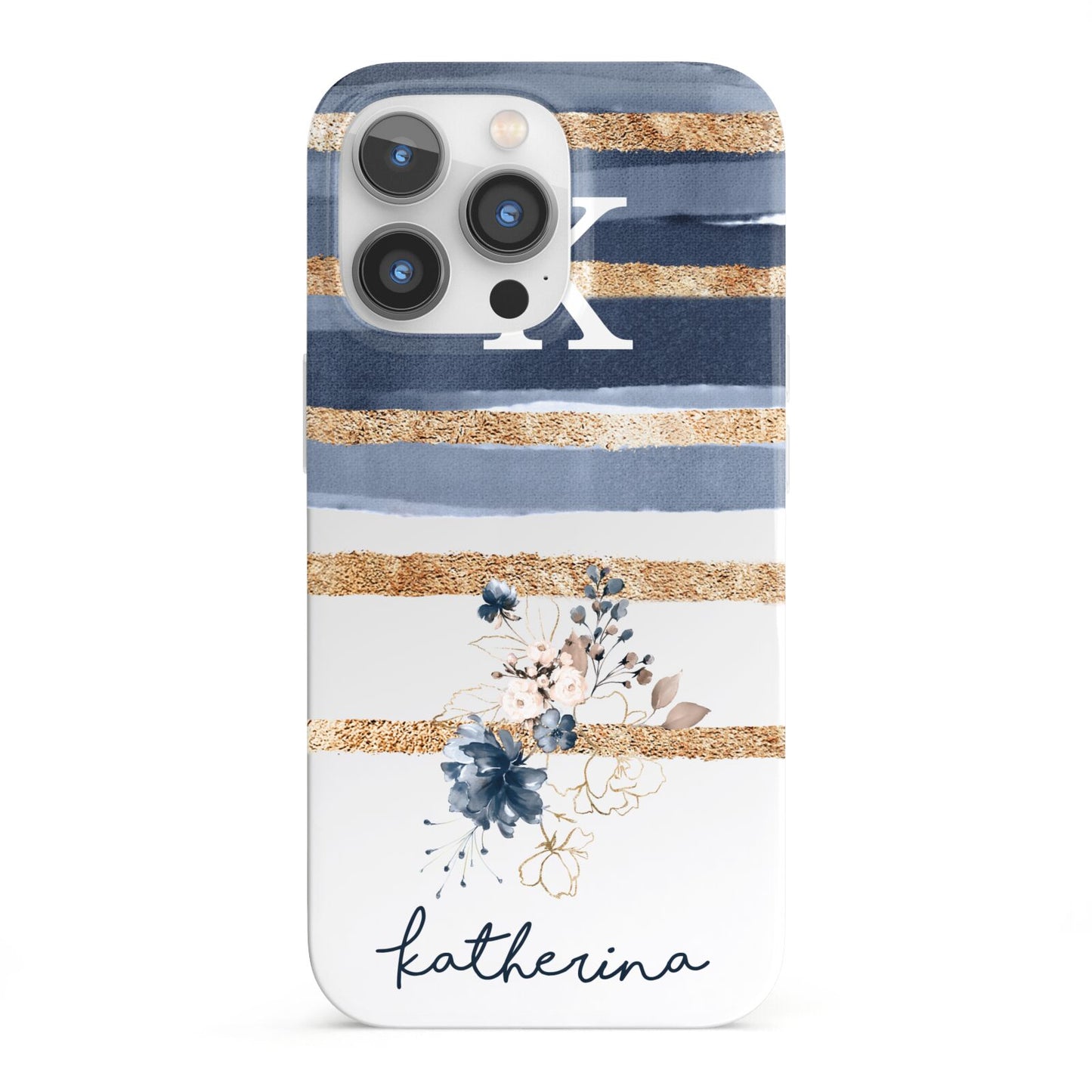 Personalised Gold Striped Watercolour iPhone 13 Pro Full Wrap 3D Snap Case