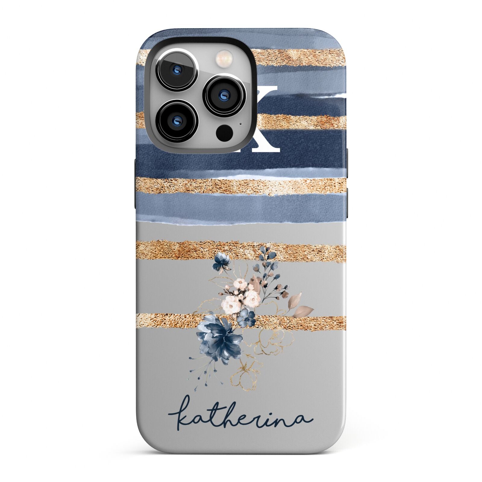 Personalised Gold Striped Watercolour iPhone 13 Pro Full Wrap 3D Tough Case