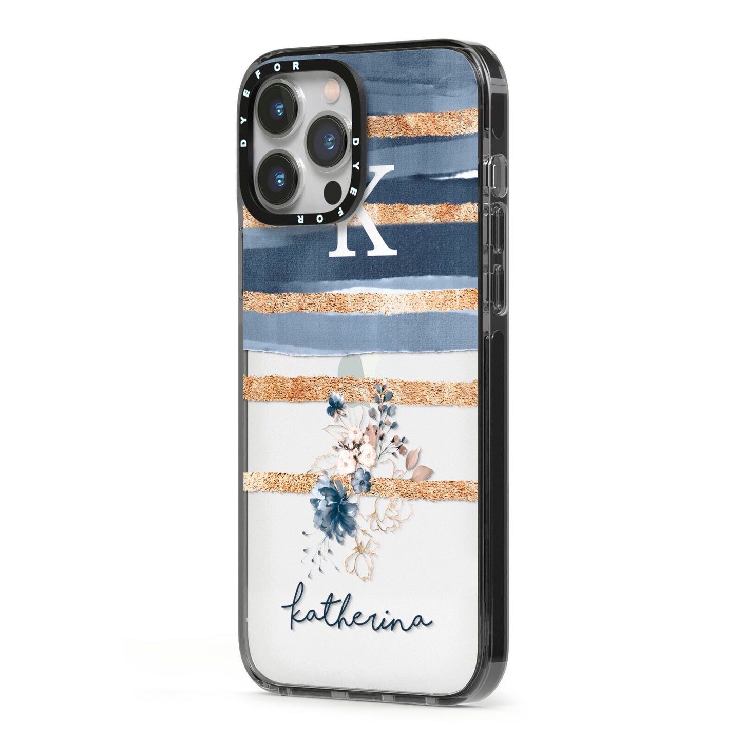 Personalised Gold Striped Watercolour iPhone 13 Pro Max Black Impact Case Side Angle on Silver phone