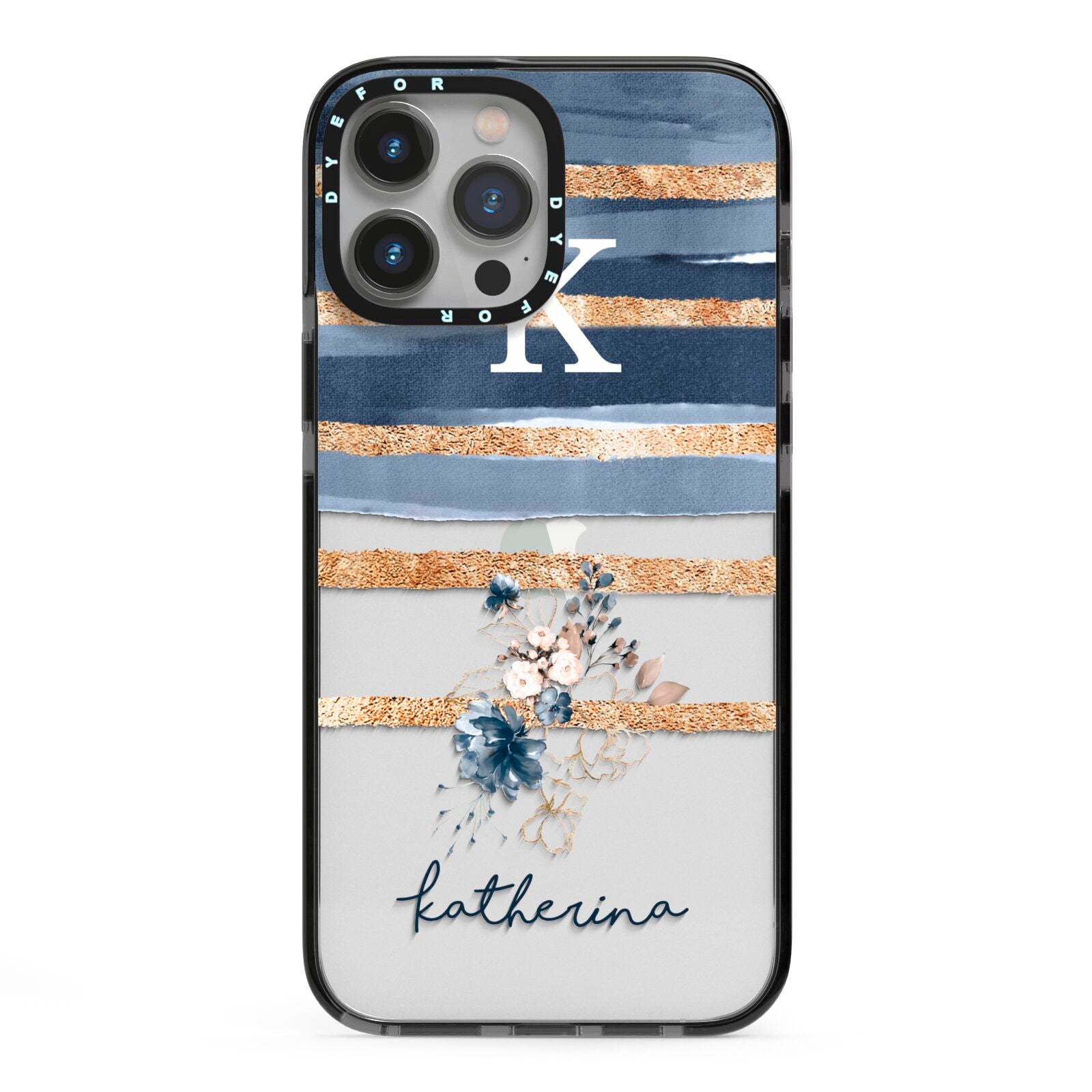 Personalised Gold Striped Watercolour iPhone 13 Pro Max Black Impact Case on Silver phone