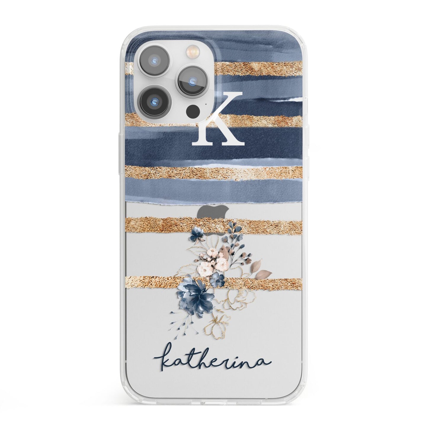 Personalised Gold Striped Watercolour iPhone 13 Pro Max Clear Bumper Case