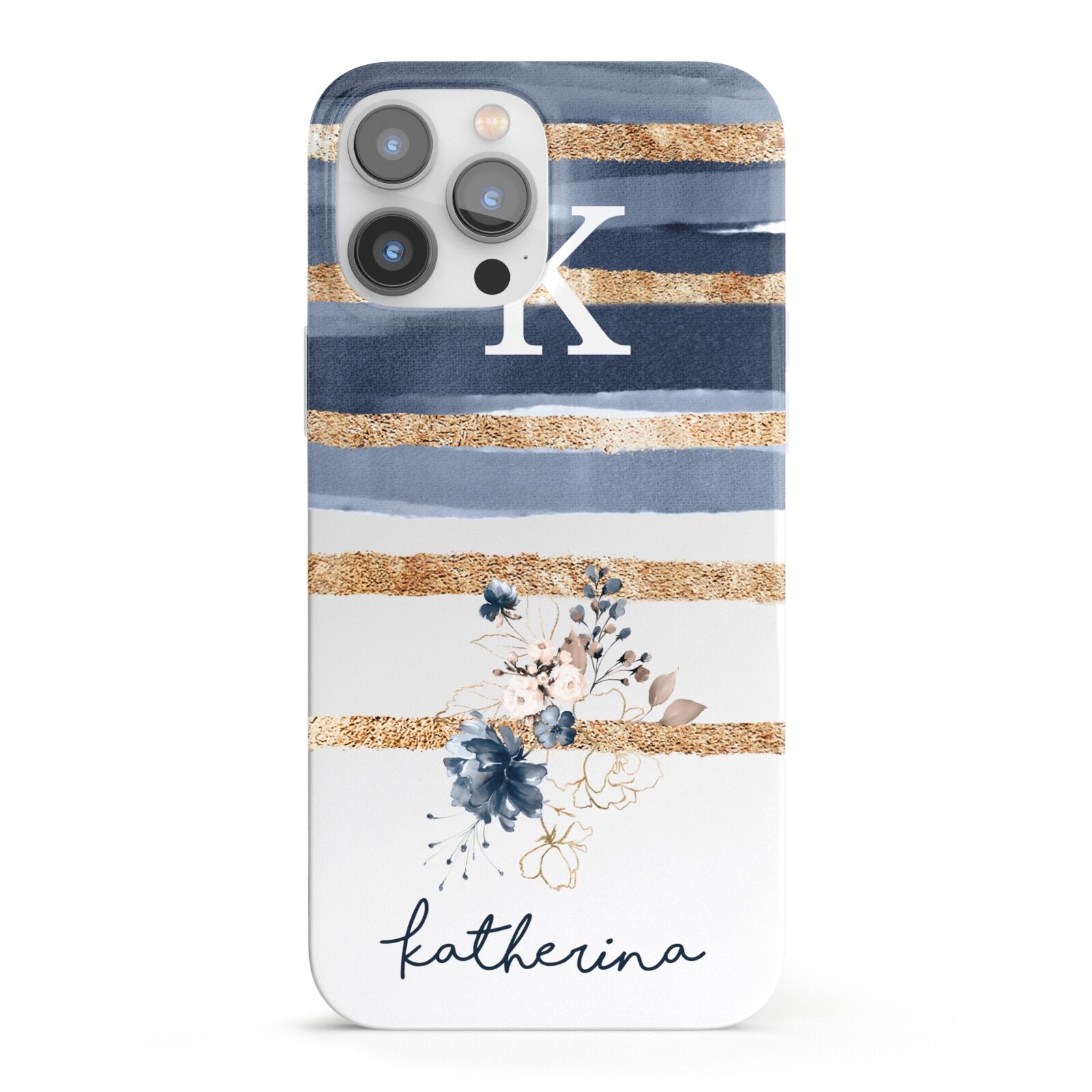 Personalised Gold Striped Watercolour iPhone 13 Pro Max Full Wrap 3D Snap Case