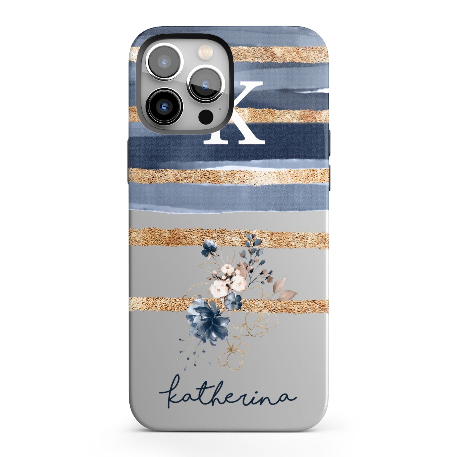Personalised Gold Striped Watercolour iPhone 13 Pro Max Full Wrap 3D Tough Case