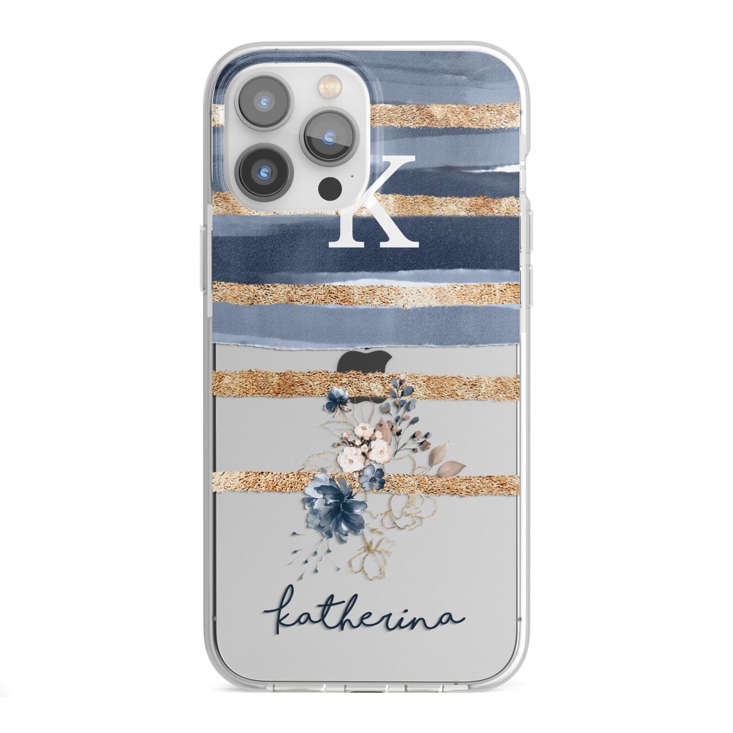 Personalised Gold Striped Watercolour iPhone 13 Pro Max TPU Impact Case with White Edges
