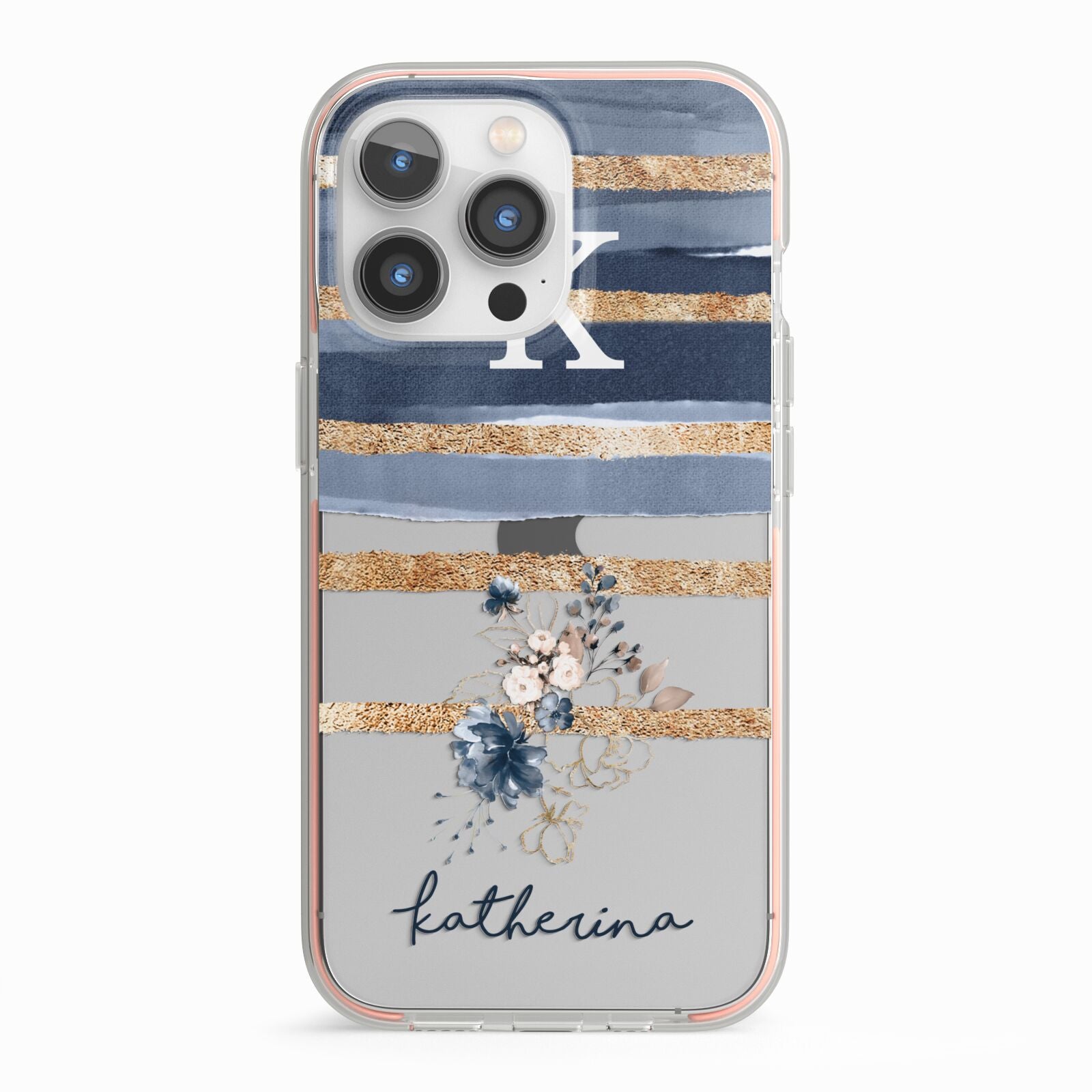 Personalised Gold Striped Watercolour iPhone 13 Pro TPU Impact Case with Pink Edges