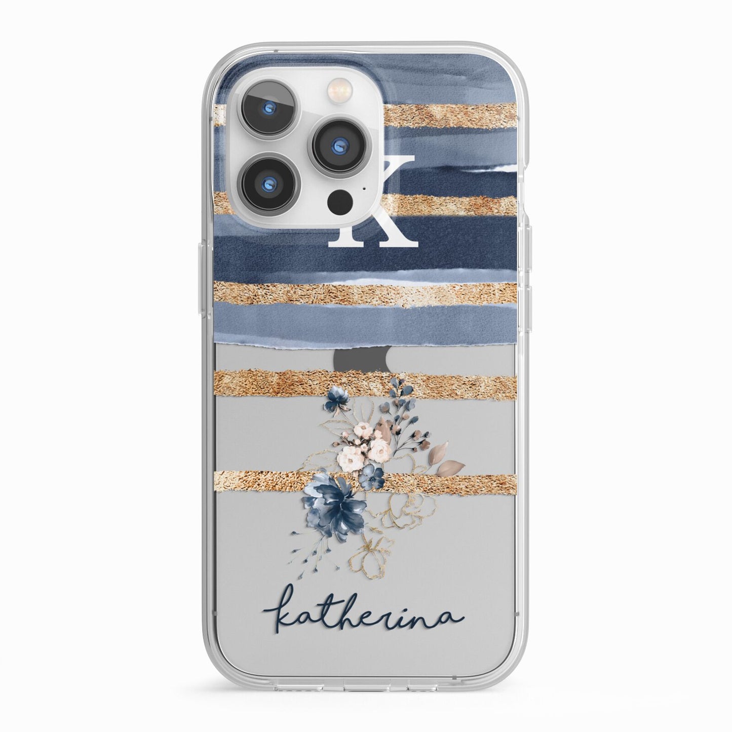 Personalised Gold Striped Watercolour iPhone 13 Pro TPU Impact Case with White Edges