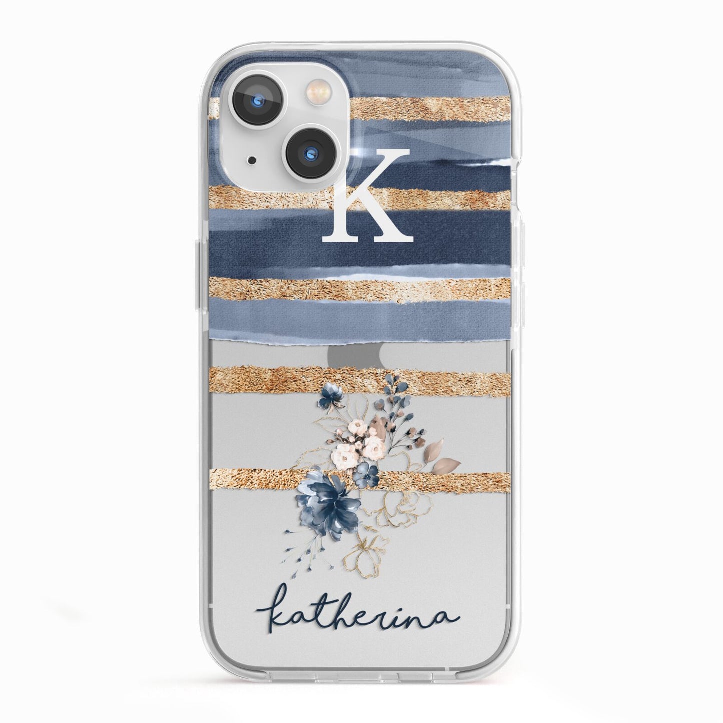 Personalised Gold Striped Watercolour iPhone 13 TPU Impact Case with White Edges