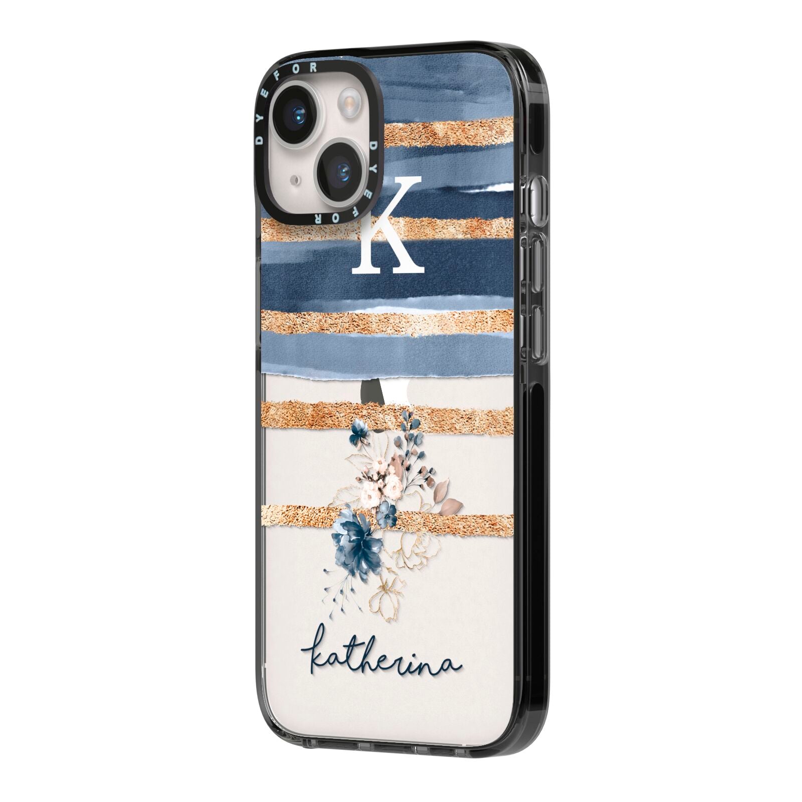 Personalised Gold Striped Watercolour iPhone 14 Black Impact Case Side Angle on Silver phone