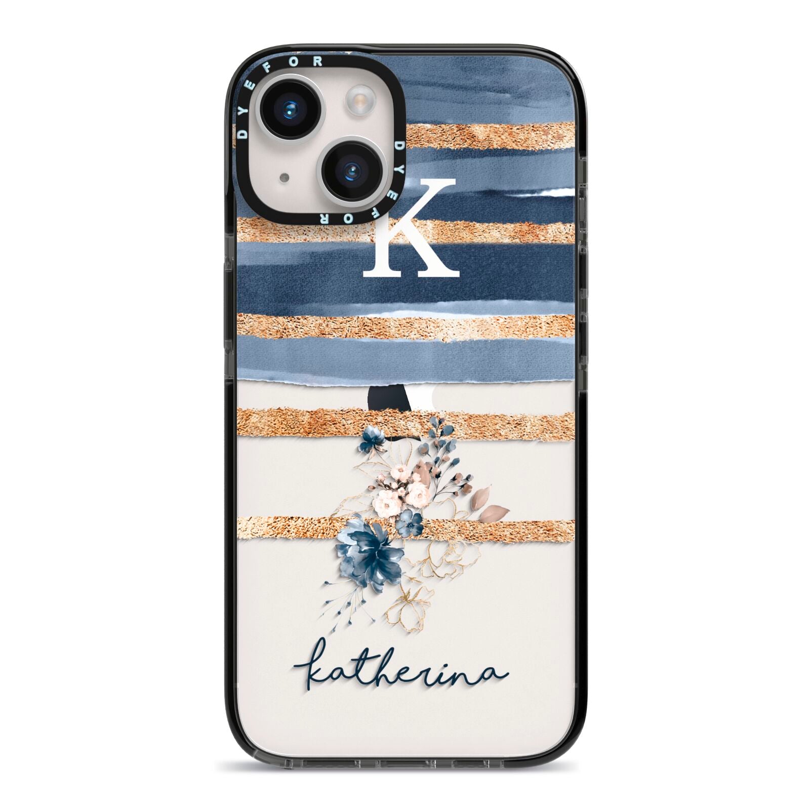 Personalised Gold Striped Watercolour iPhone 14 Black Impact Case on Silver phone