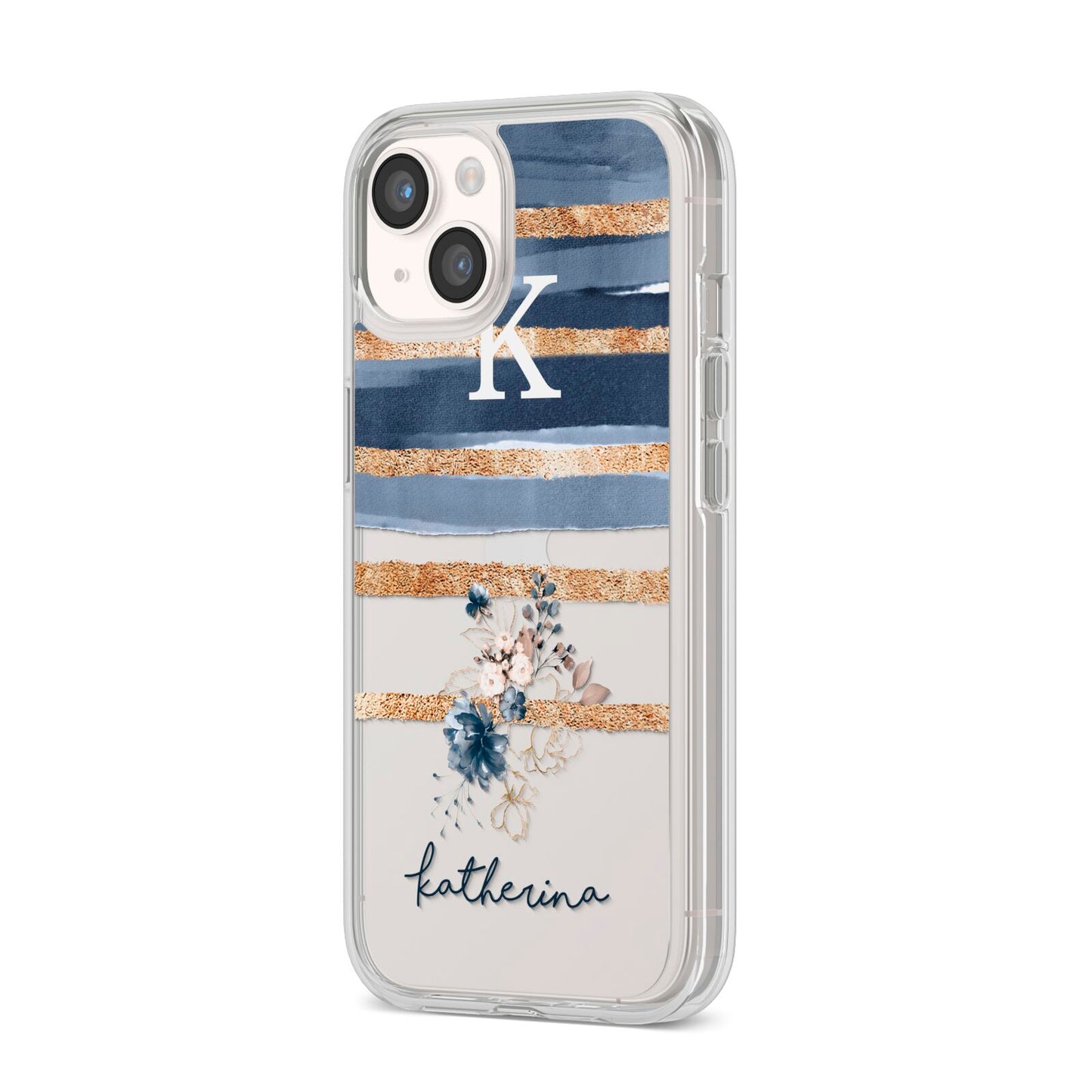Personalised Gold Striped Watercolour iPhone 14 Clear Tough Case Starlight Angled Image