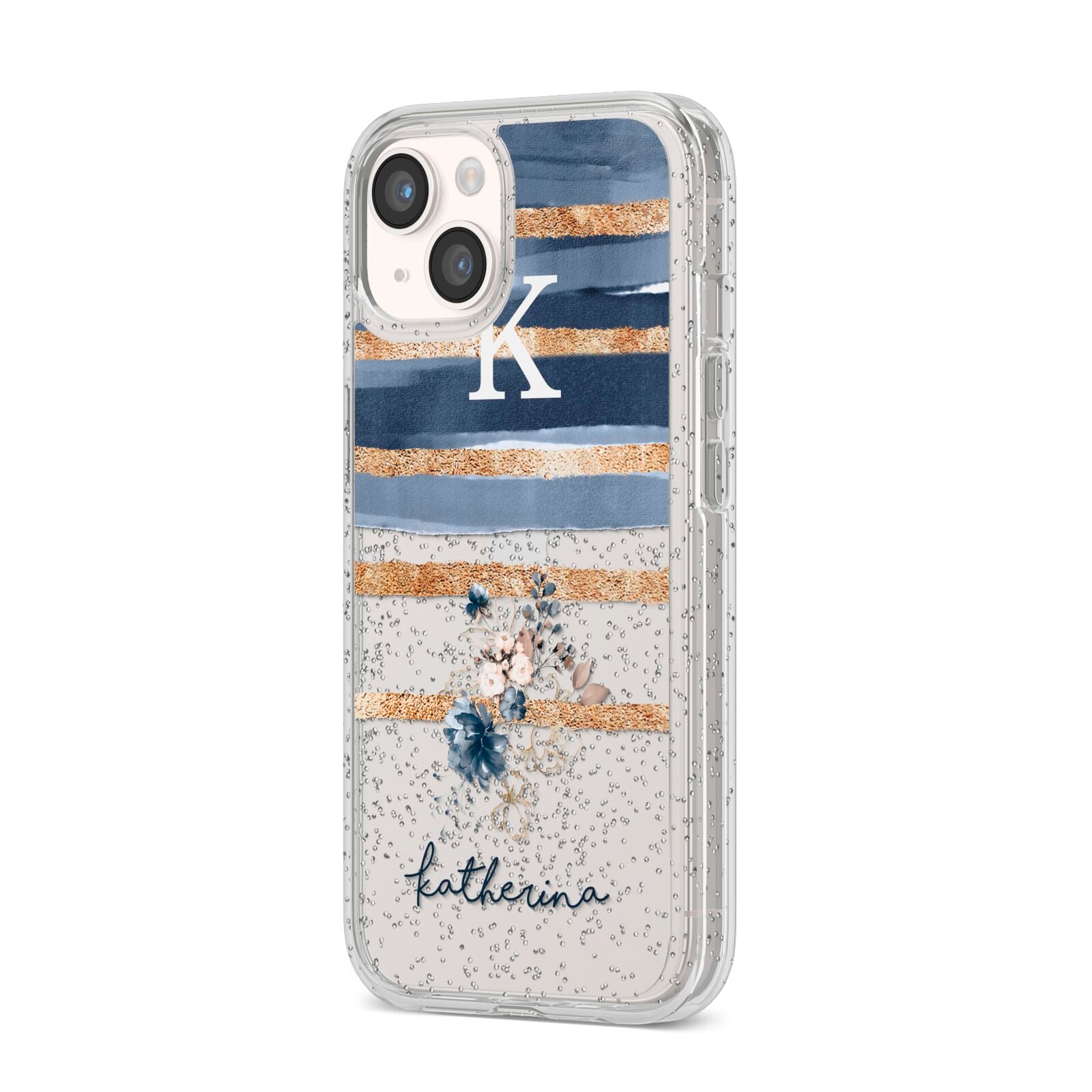 Personalised Gold Striped Watercolour iPhone 14 Glitter Tough Case Starlight Angled Image