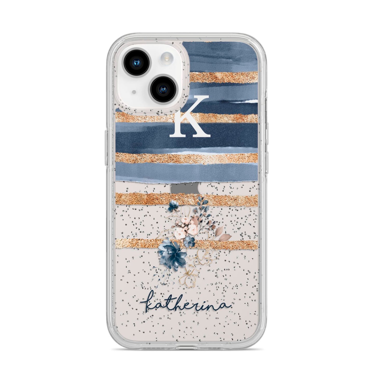 Personalised Gold Striped Watercolour iPhone 14 Glitter Tough Case Starlight