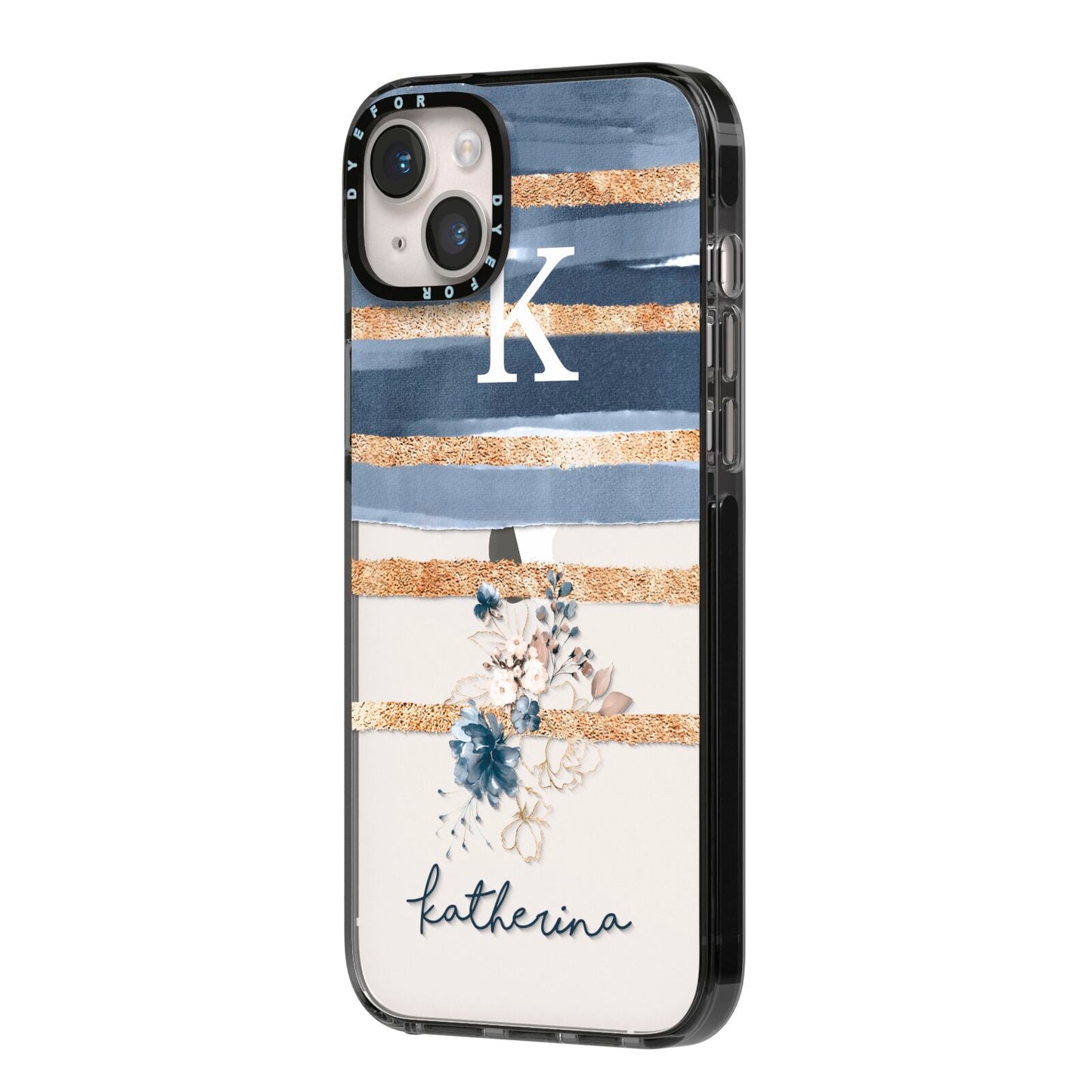 Personalised Gold Striped Watercolour iPhone 14 Plus Black Impact Case Side Angle on Silver phone