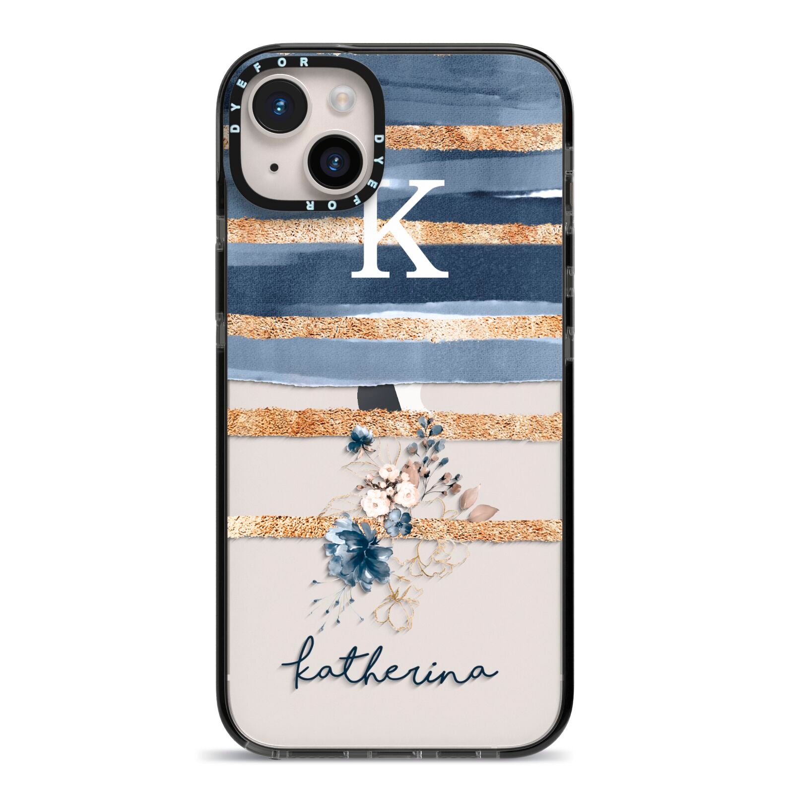 Personalised Gold Striped Watercolour iPhone 14 Plus Black Impact Case on Silver phone