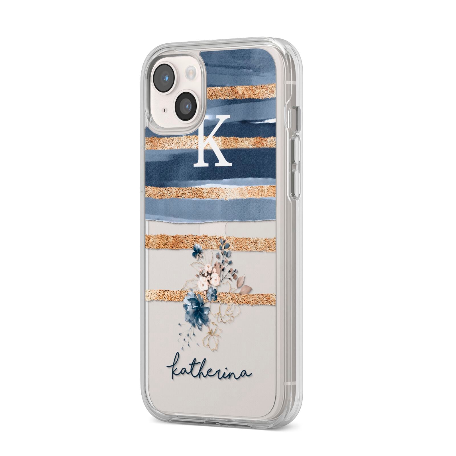 Personalised Gold Striped Watercolour iPhone 14 Plus Clear Tough Case Starlight Angled Image