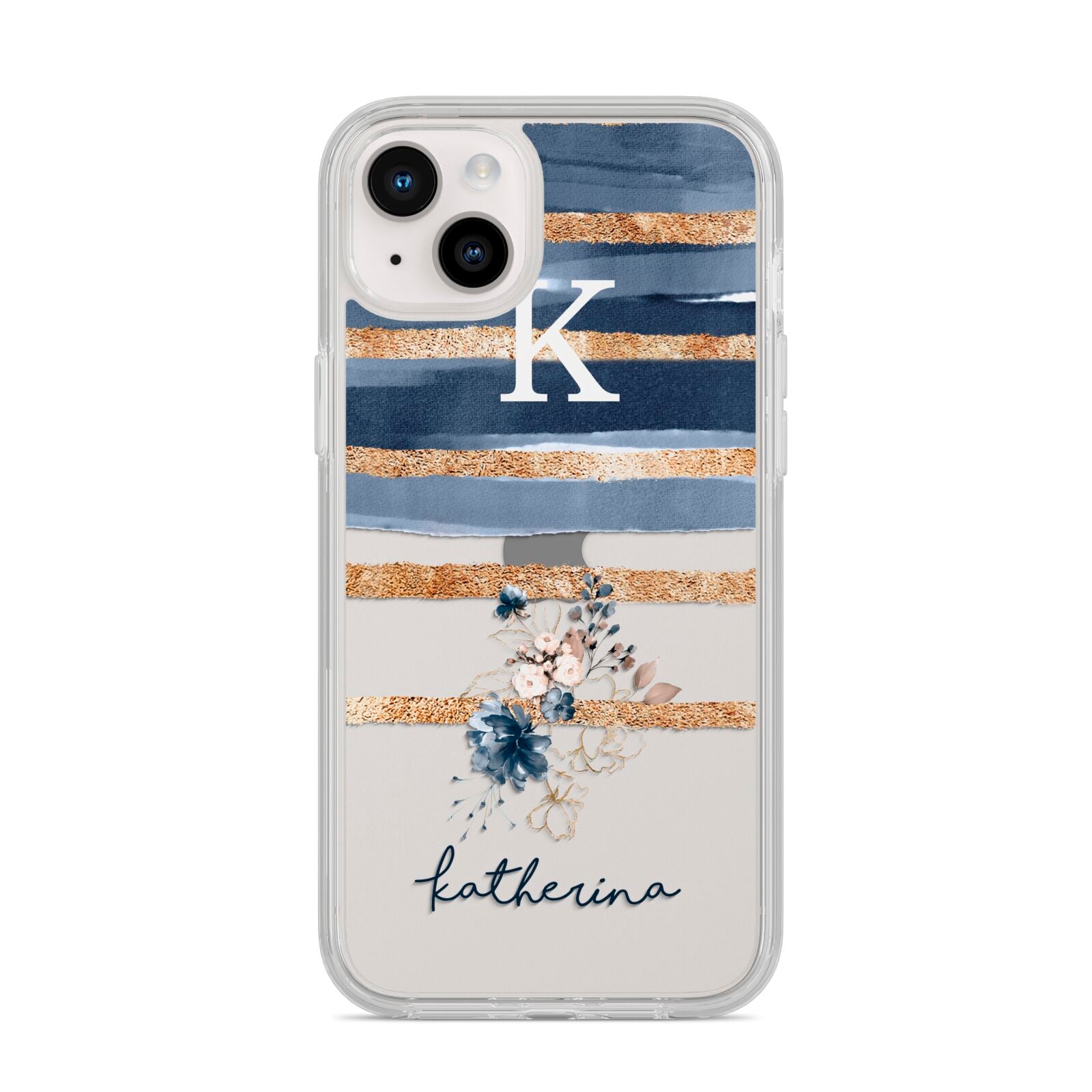 Personalised Gold Striped Watercolour iPhone 14 Plus Clear Tough Case Starlight