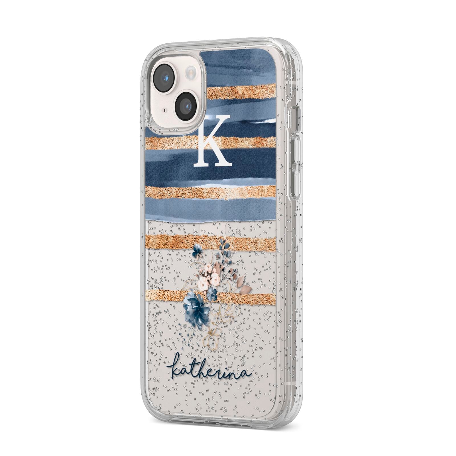 Personalised Gold Striped Watercolour iPhone 14 Plus Glitter Tough Case Starlight Angled Image