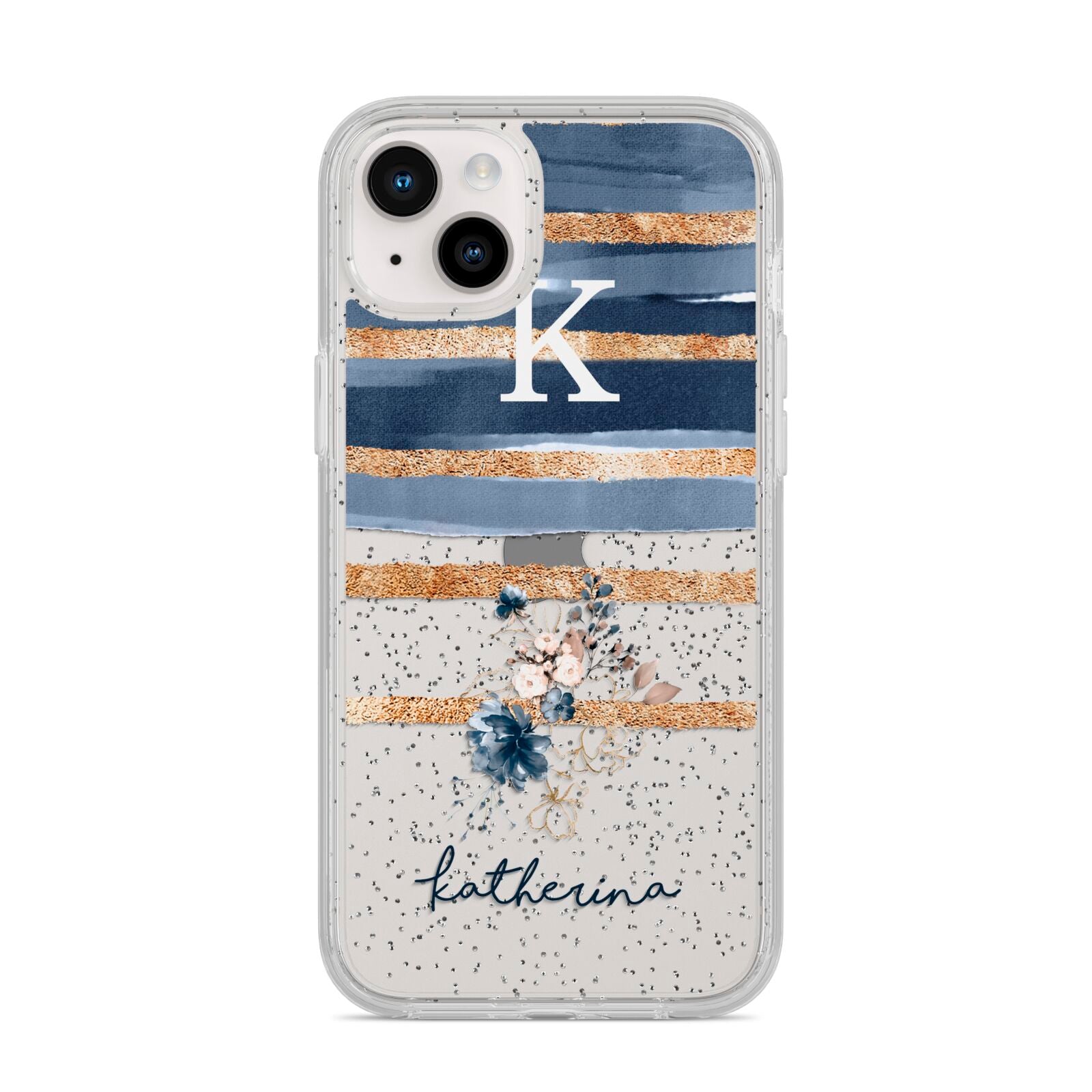 Personalised Gold Striped Watercolour iPhone 14 Plus Glitter Tough Case Starlight