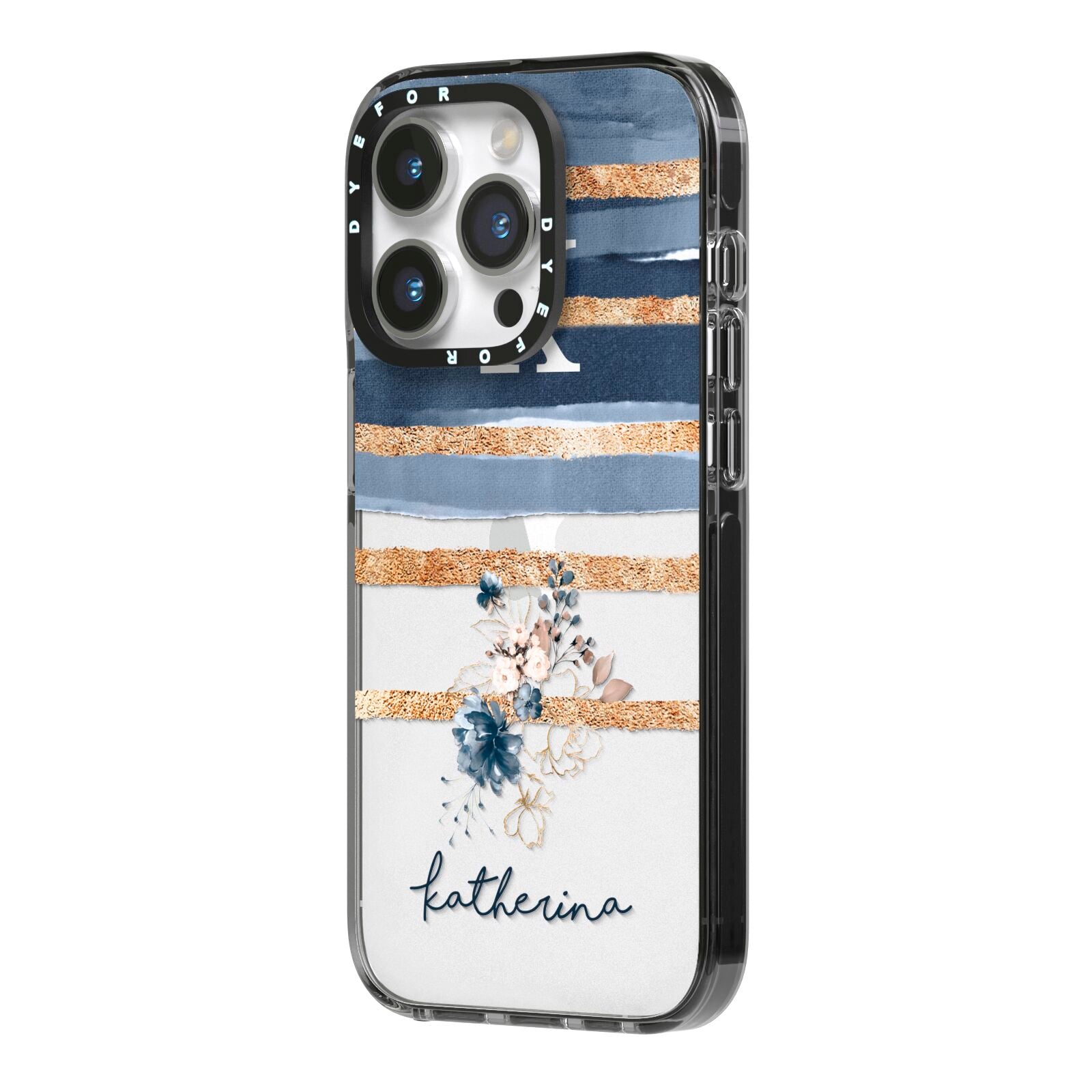 Personalised Gold Striped Watercolour iPhone 14 Pro Black Impact Case Side Angle on Silver phone