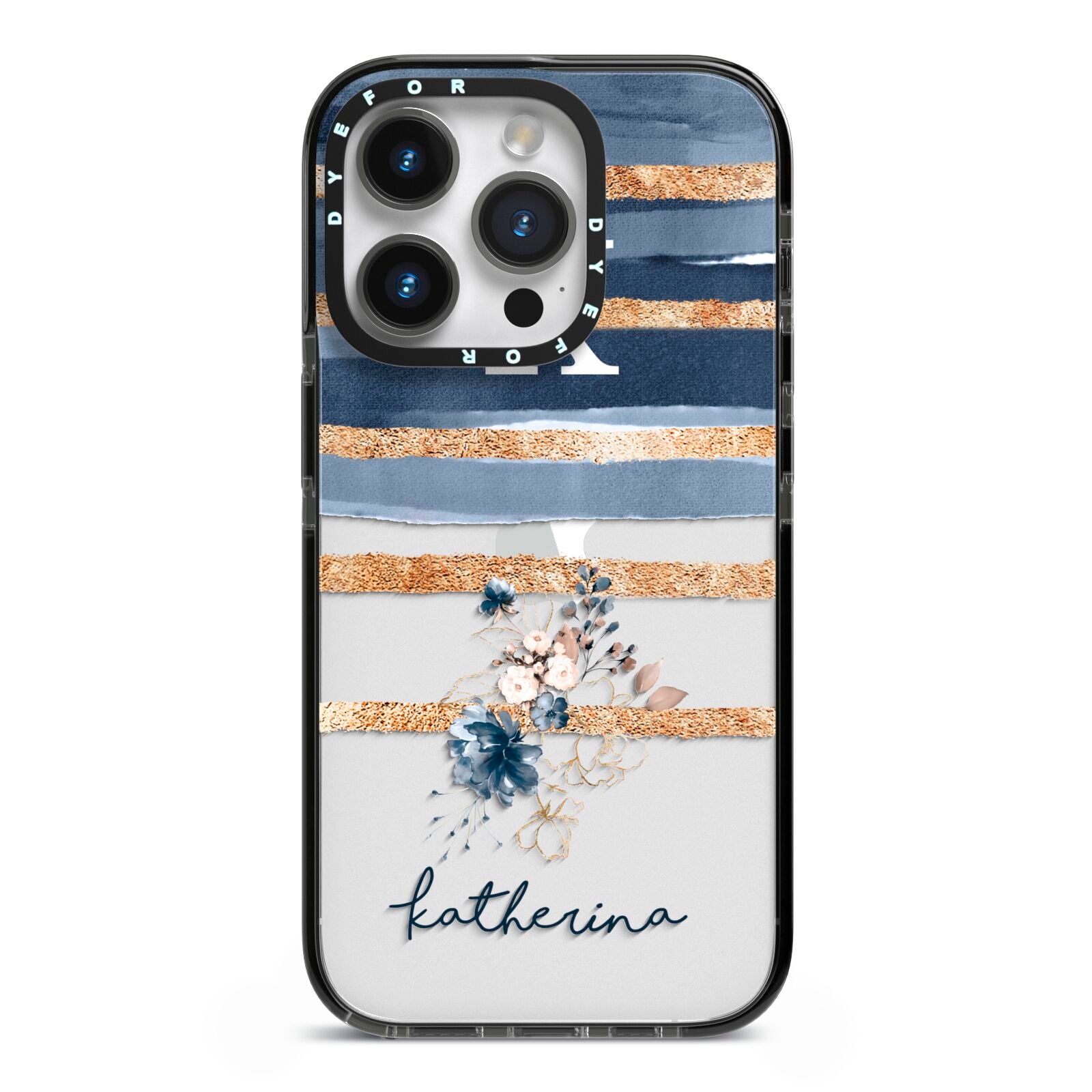Personalised Gold Striped Watercolour iPhone 14 Pro Black Impact Case on Silver phone