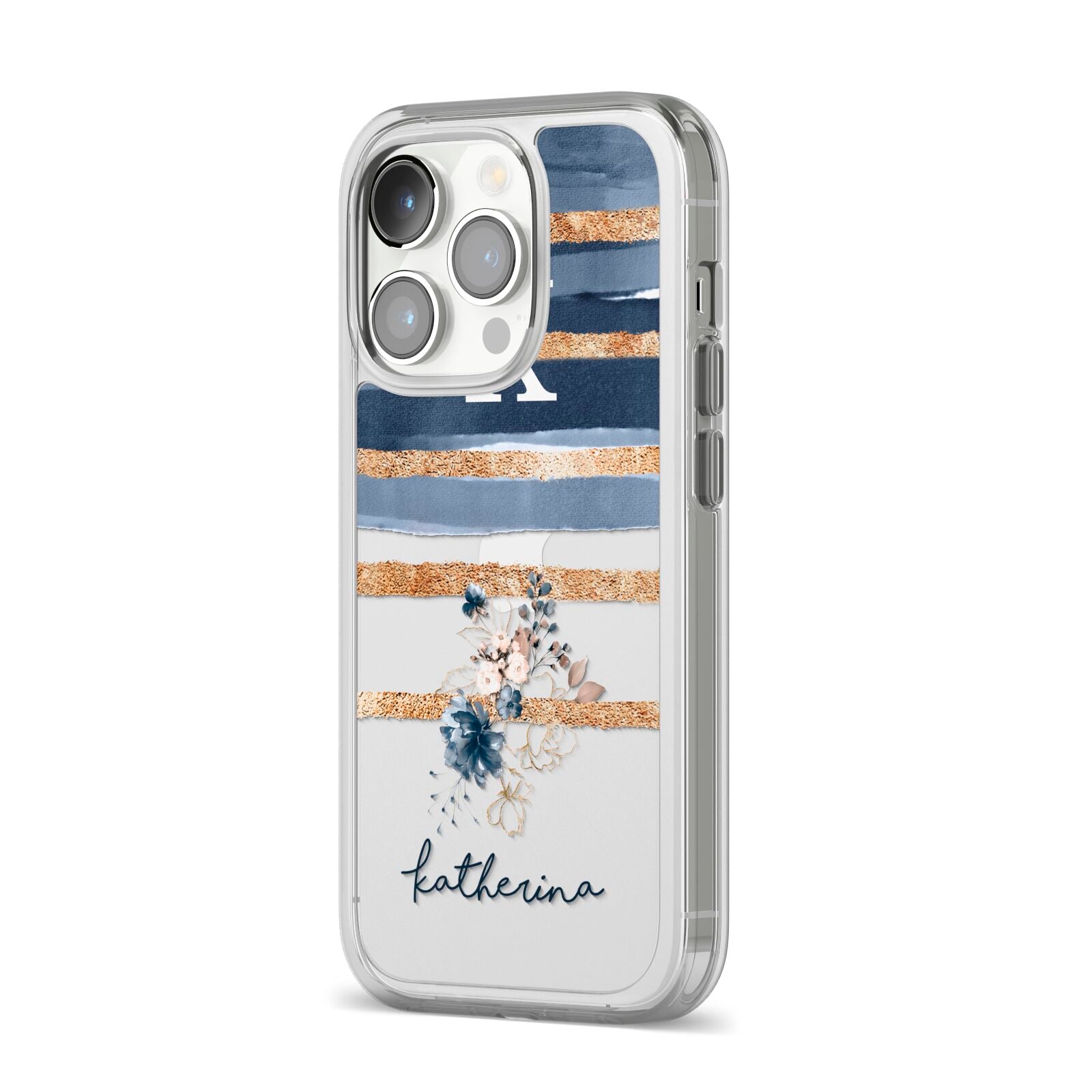 Personalised Gold Striped Watercolour iPhone 14 Pro Clear Tough Case Silver Angled Image