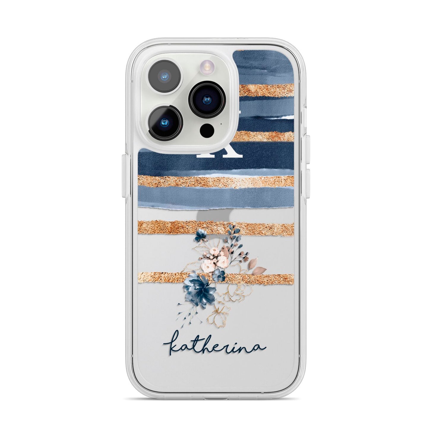 Personalised Gold Striped Watercolour iPhone 14 Pro Clear Tough Case Silver