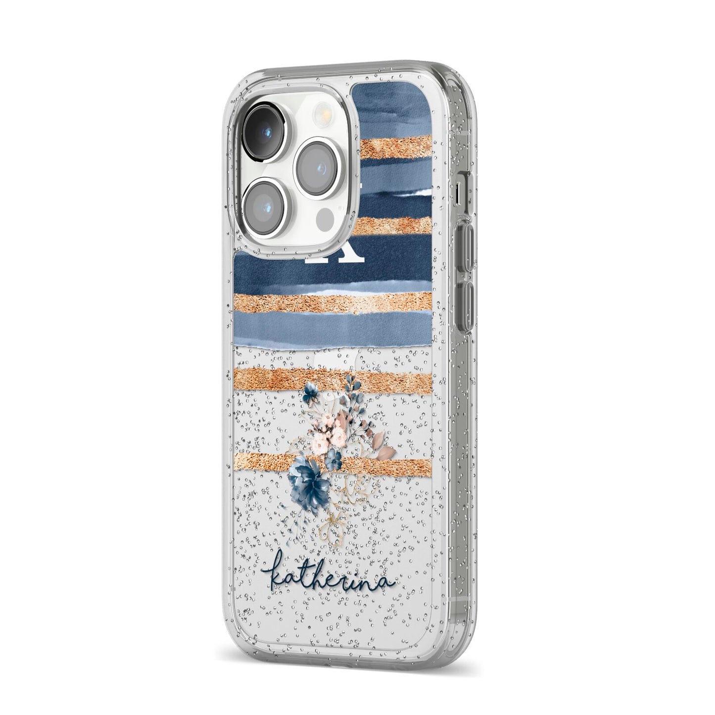 Personalised Gold Striped Watercolour iPhone 14 Pro Glitter Tough Case Silver Angled Image