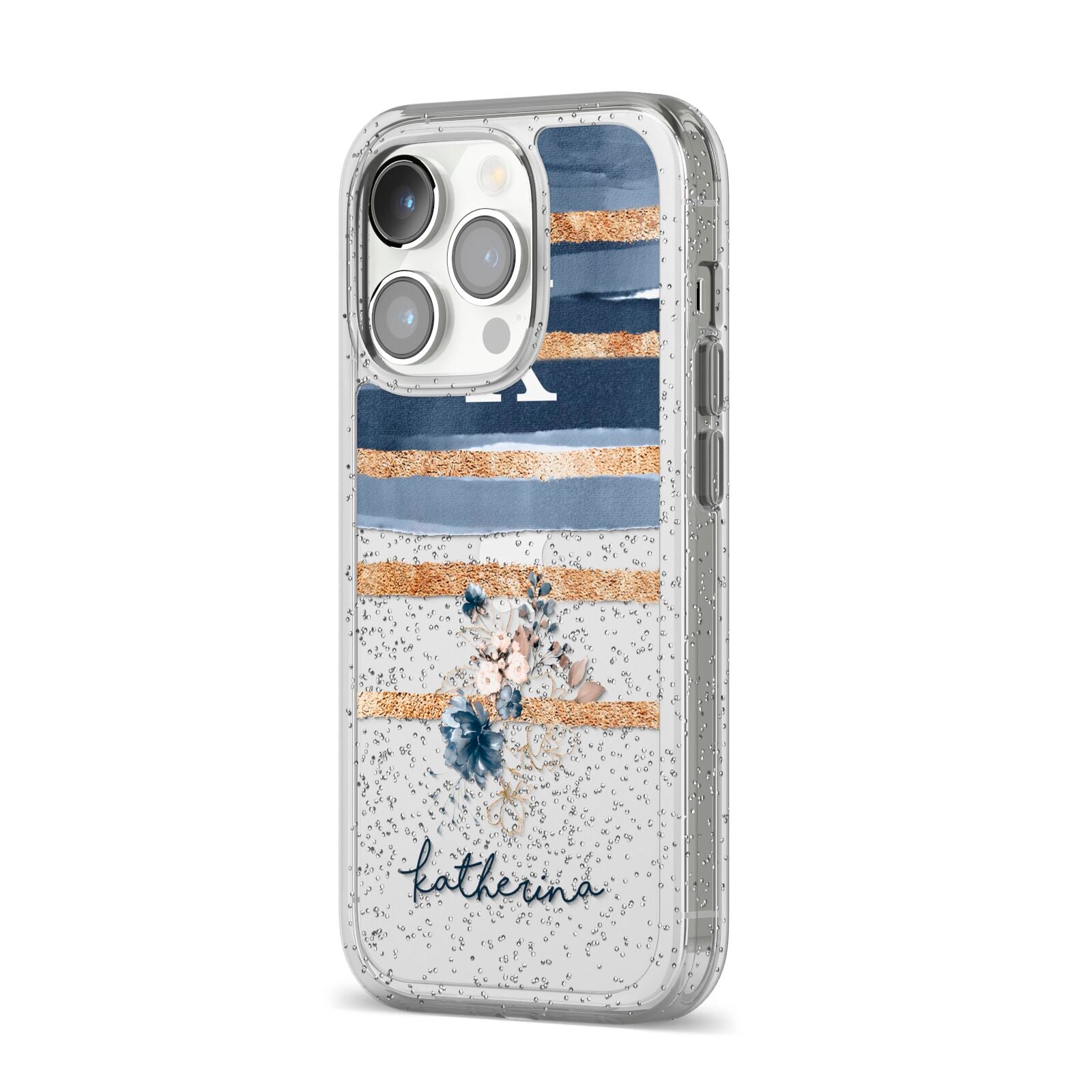 Personalised Gold Striped Watercolour iPhone 14 Pro Glitter Tough Case Silver Angled Image