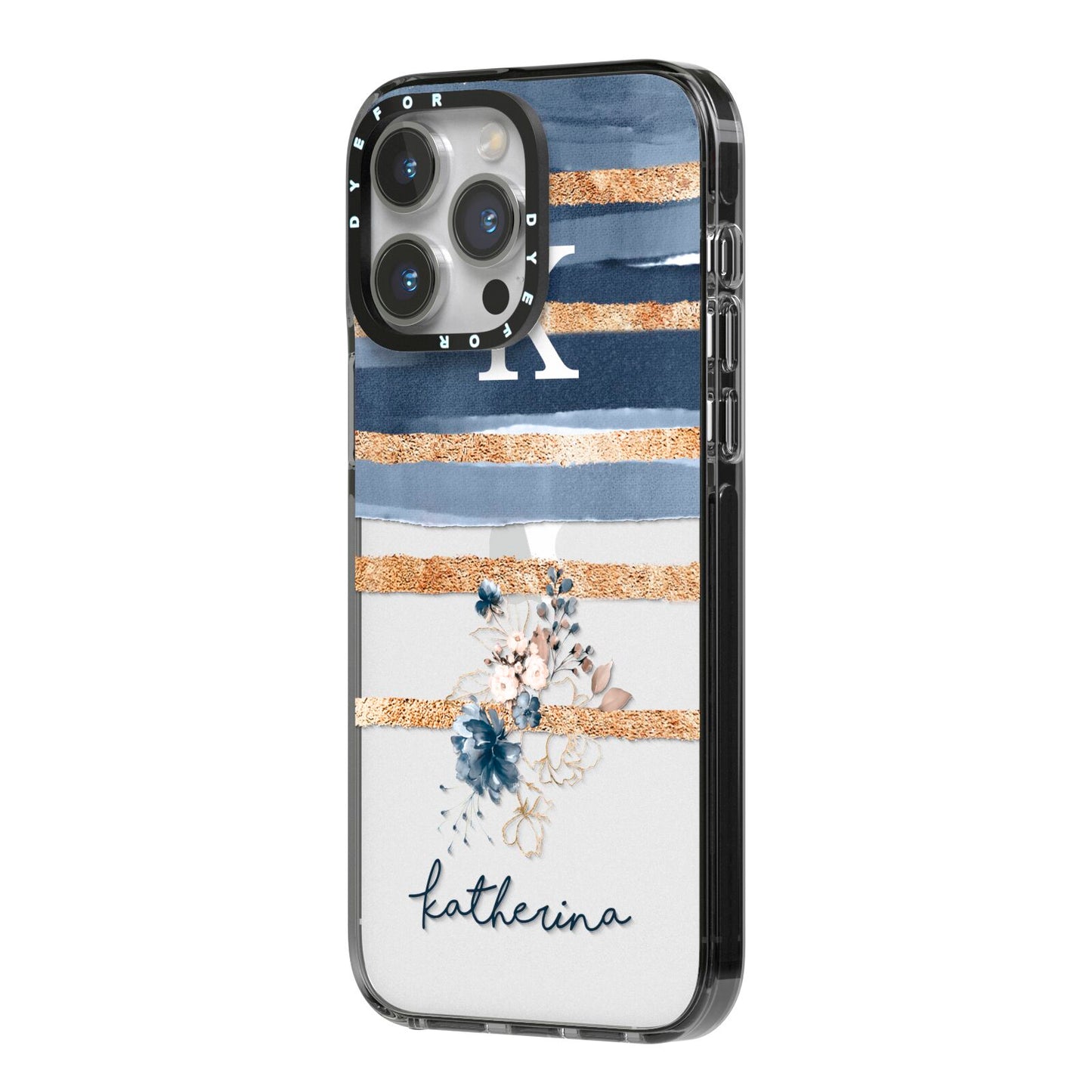 Personalised Gold Striped Watercolour iPhone 14 Pro Max Black Impact Case Side Angle on Silver phone