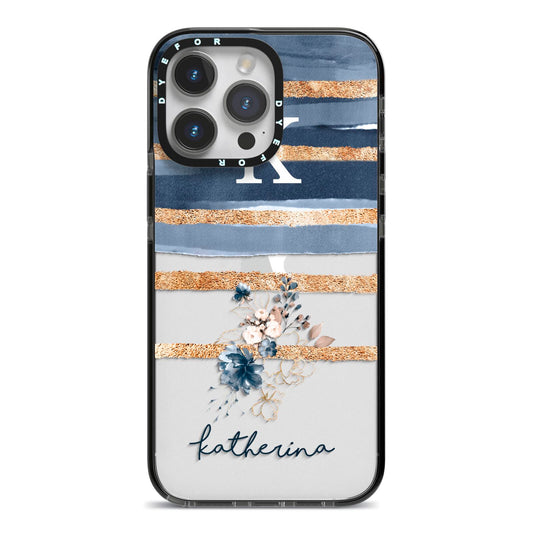Personalised Gold Striped Watercolour iPhone 14 Pro Max Black Impact Case on Silver phone