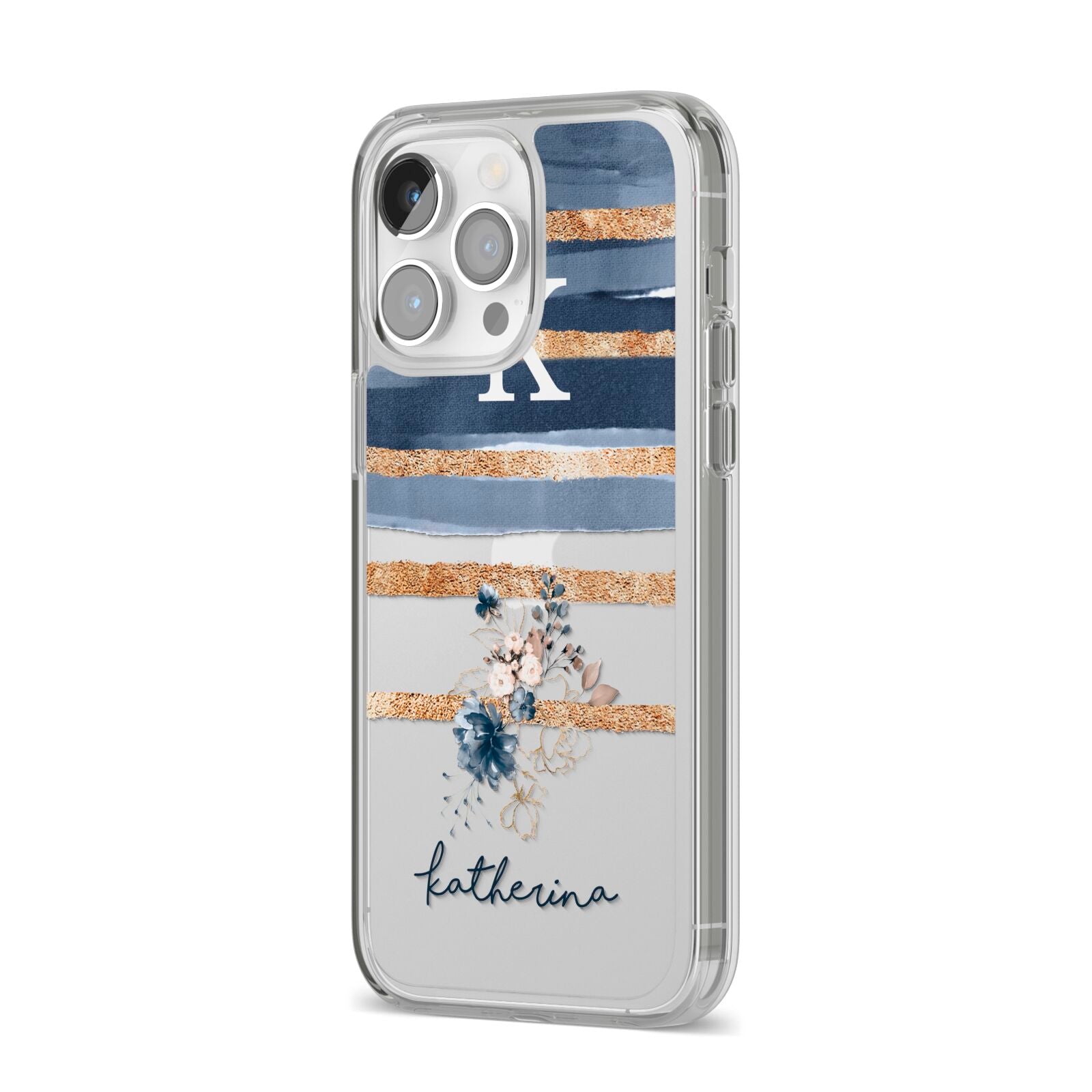 Personalised Gold Striped Watercolour iPhone 14 Pro Max Clear Tough Case Silver Angled Image
