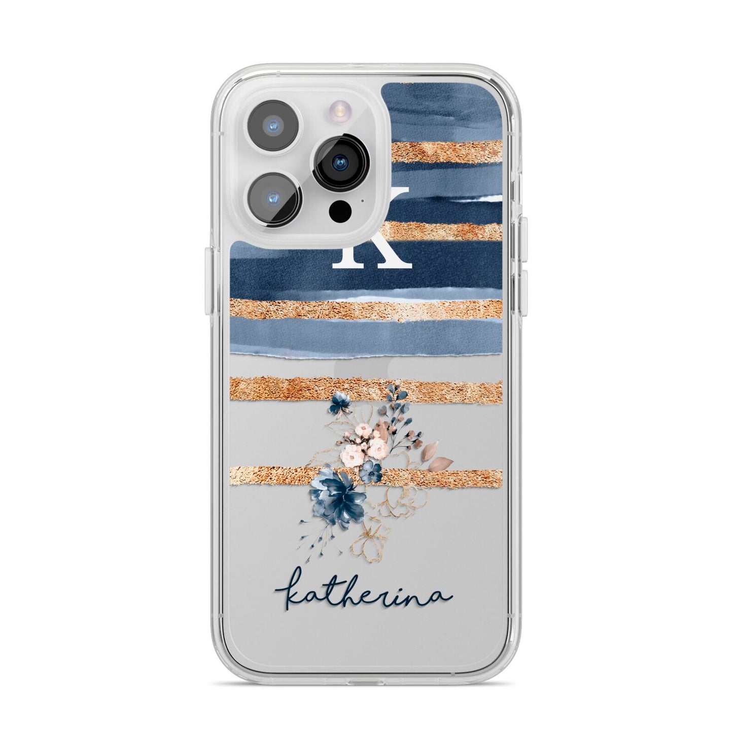 Personalised Gold Striped Watercolour iPhone 14 Pro Max Clear Tough Case Silver