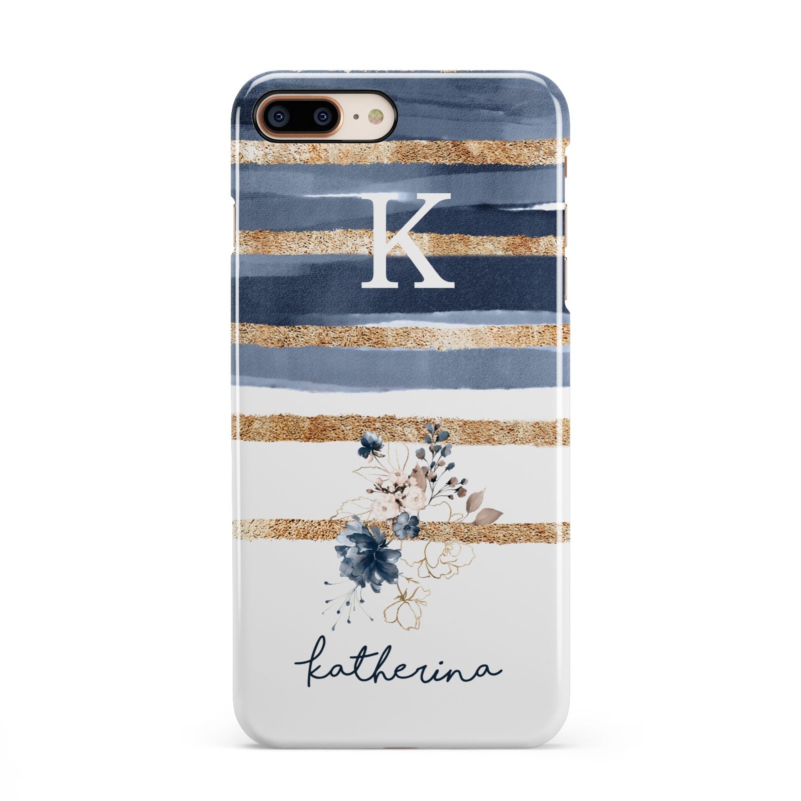 Personalised Gold Striped Watercolour iPhone 8 Plus 3D Snap Case on Gold Phone