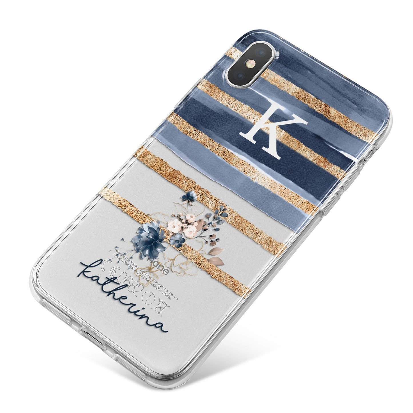 Personalised Gold Striped Watercolour iPhone X Bumper Case on Silver iPhone