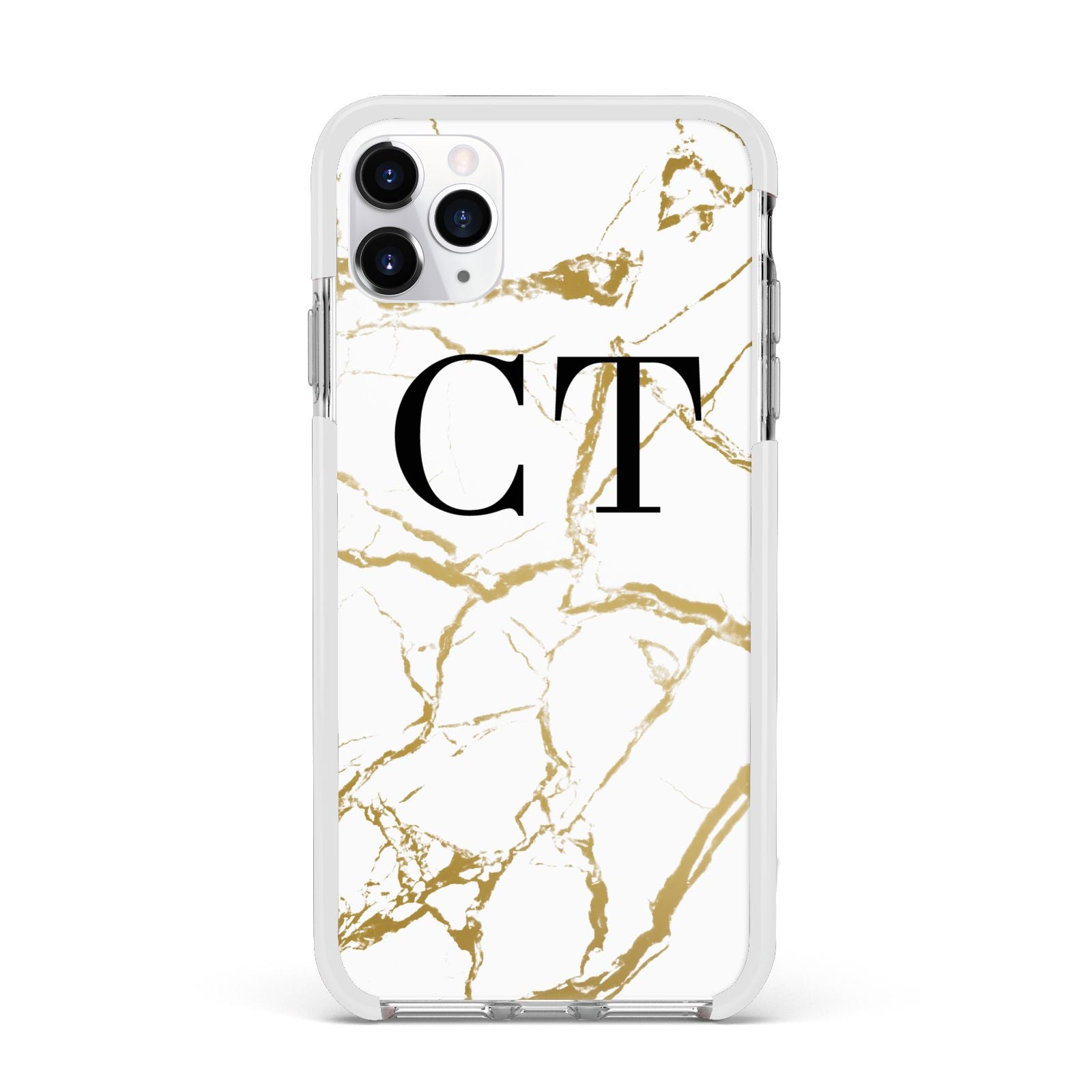 Personalised Gold Veins White Marble Monogram Apple iPhone 11 Pro Max in Silver with White Impact Case