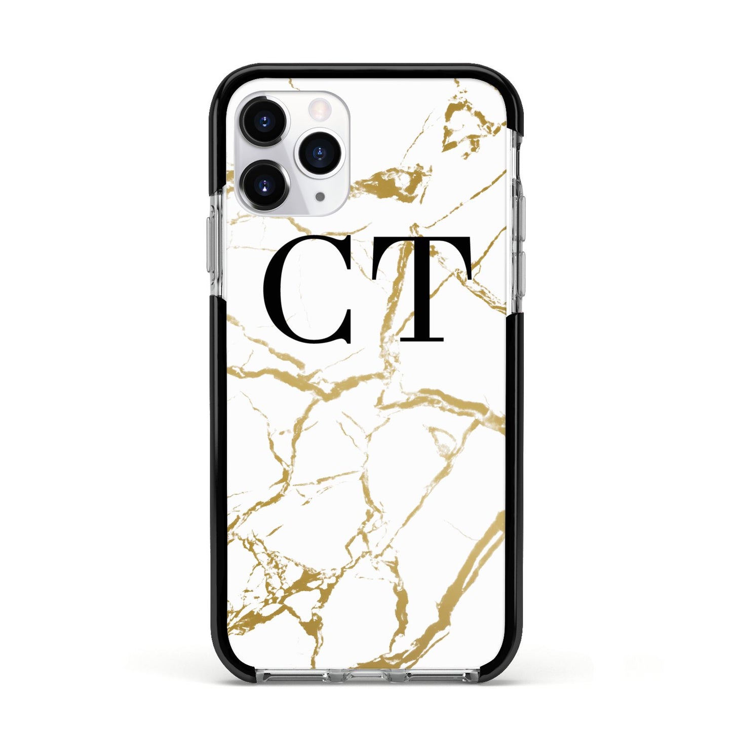 Personalised Gold Veins White Marble Monogram Apple iPhone 11 Pro in Silver with Black Impact Case