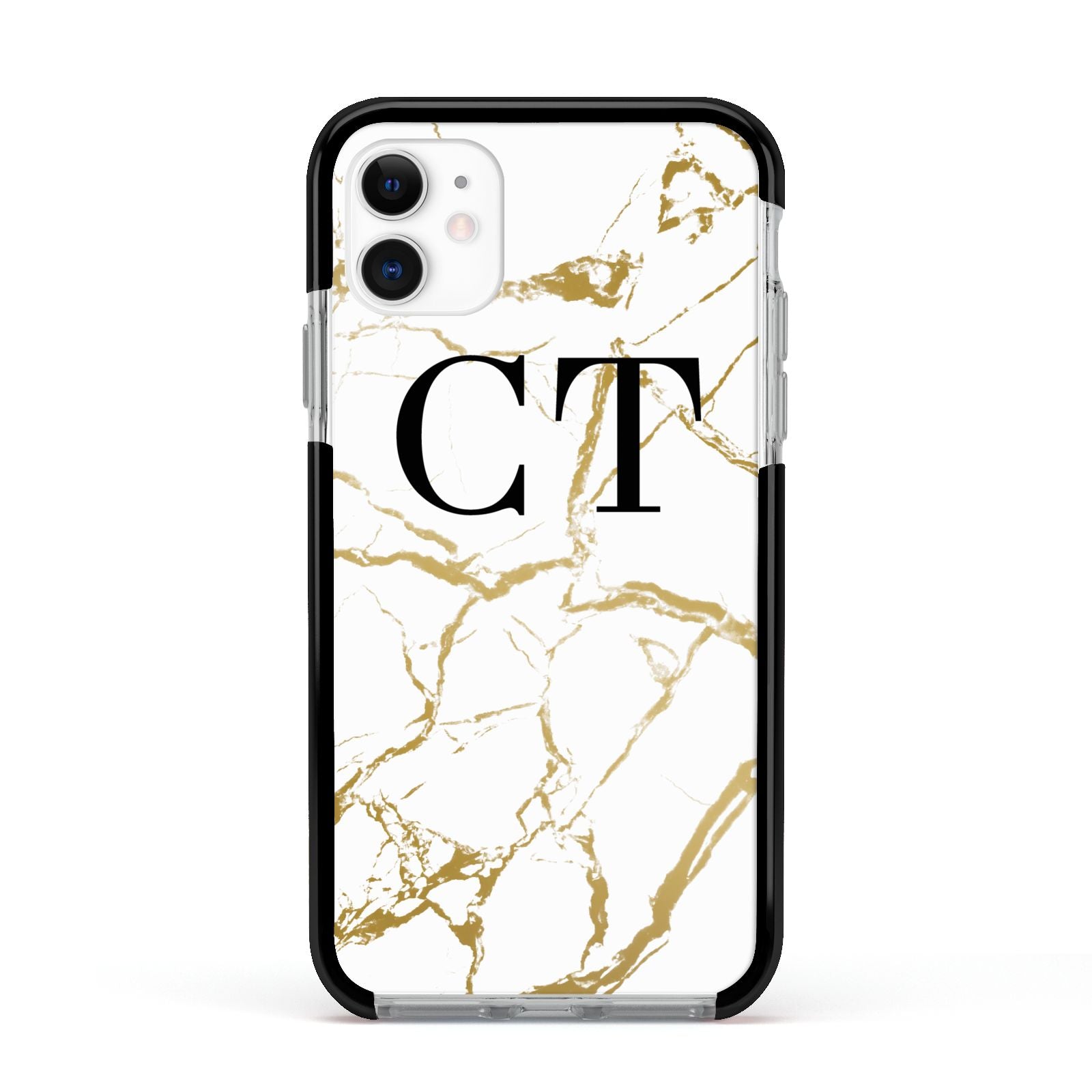 Personalised Gold Veins White Marble Monogram Apple iPhone 11 in White with Black Impact Case
