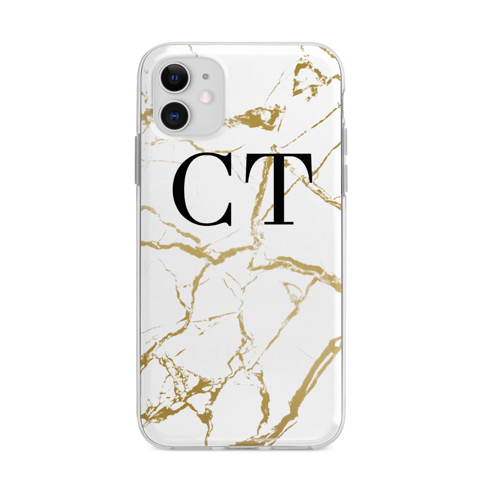 Personalised Gold Veins White Marble Monogram Apple iPhone 11 in White with Bumper Case