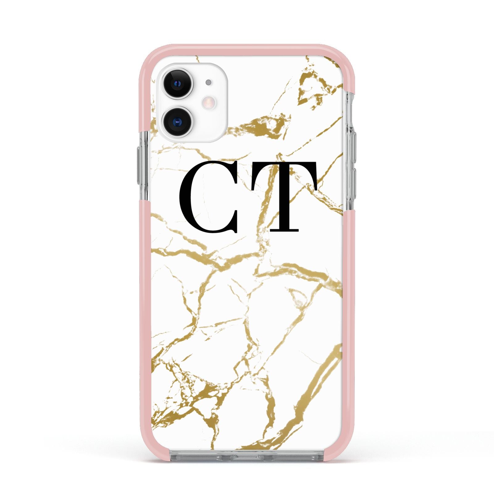 Personalised Gold Veins White Marble Monogram Apple iPhone 11 in White with Pink Impact Case