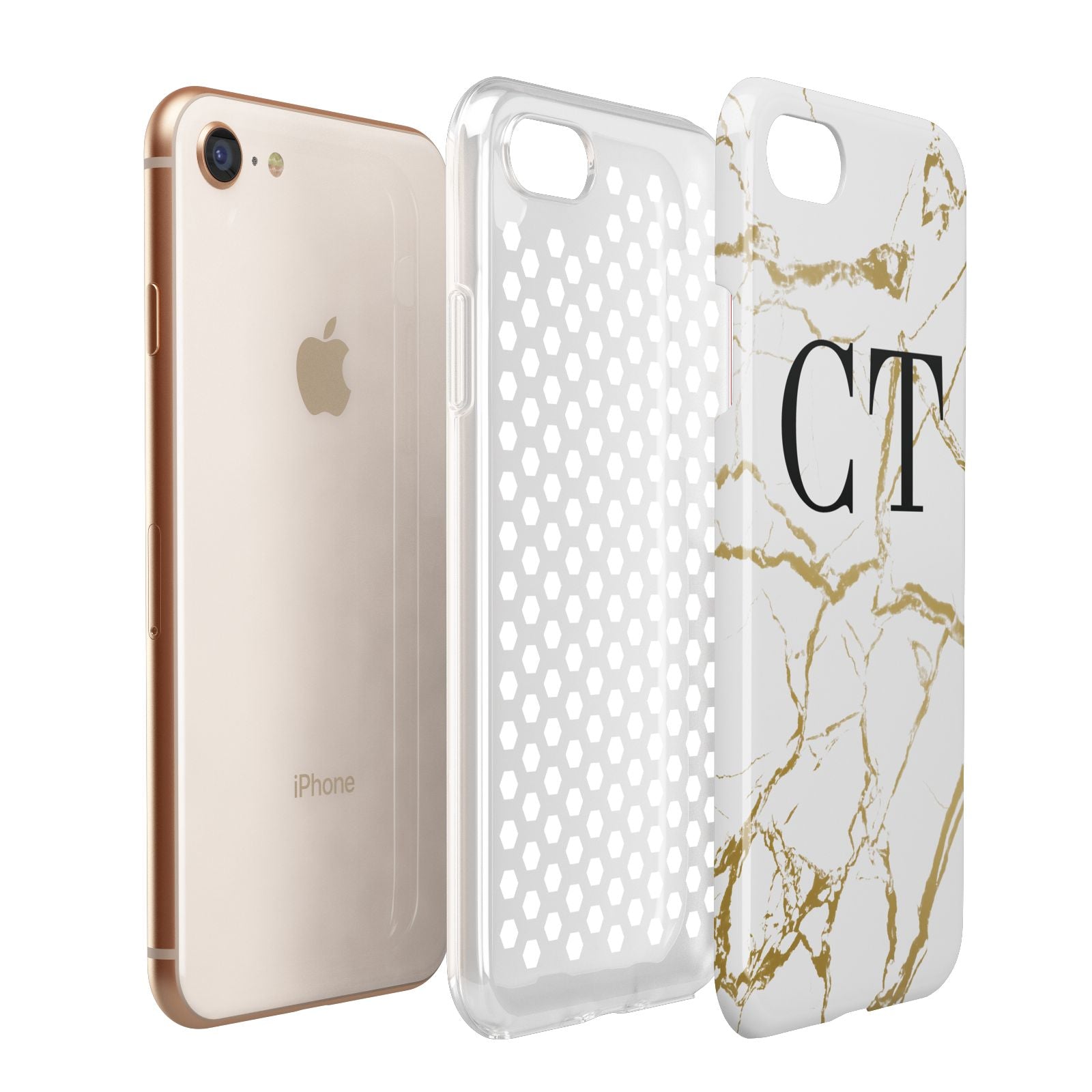 Personalised Gold Veins White Marble Monogram Apple iPhone 7 8 3D Tough Case Expanded View