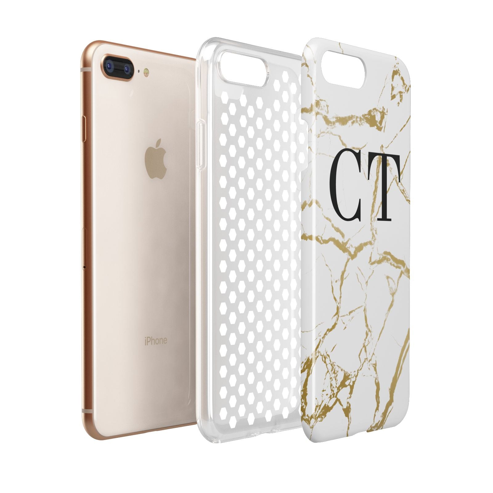 Personalised Gold Veins White Marble Monogram Apple iPhone 7 8 Plus 3D Tough Case Expanded View
