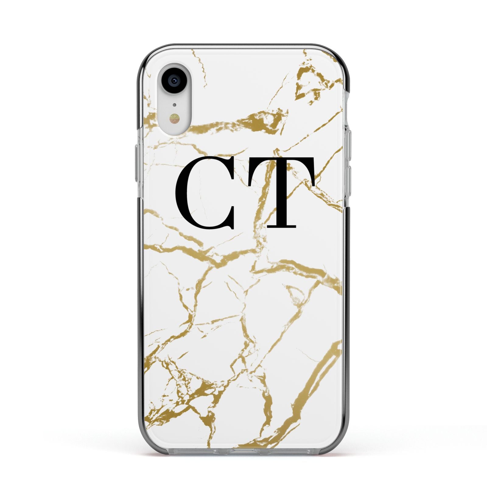 Personalised Gold Veins White Marble Monogram Apple iPhone XR Impact Case Black Edge on Silver Phone