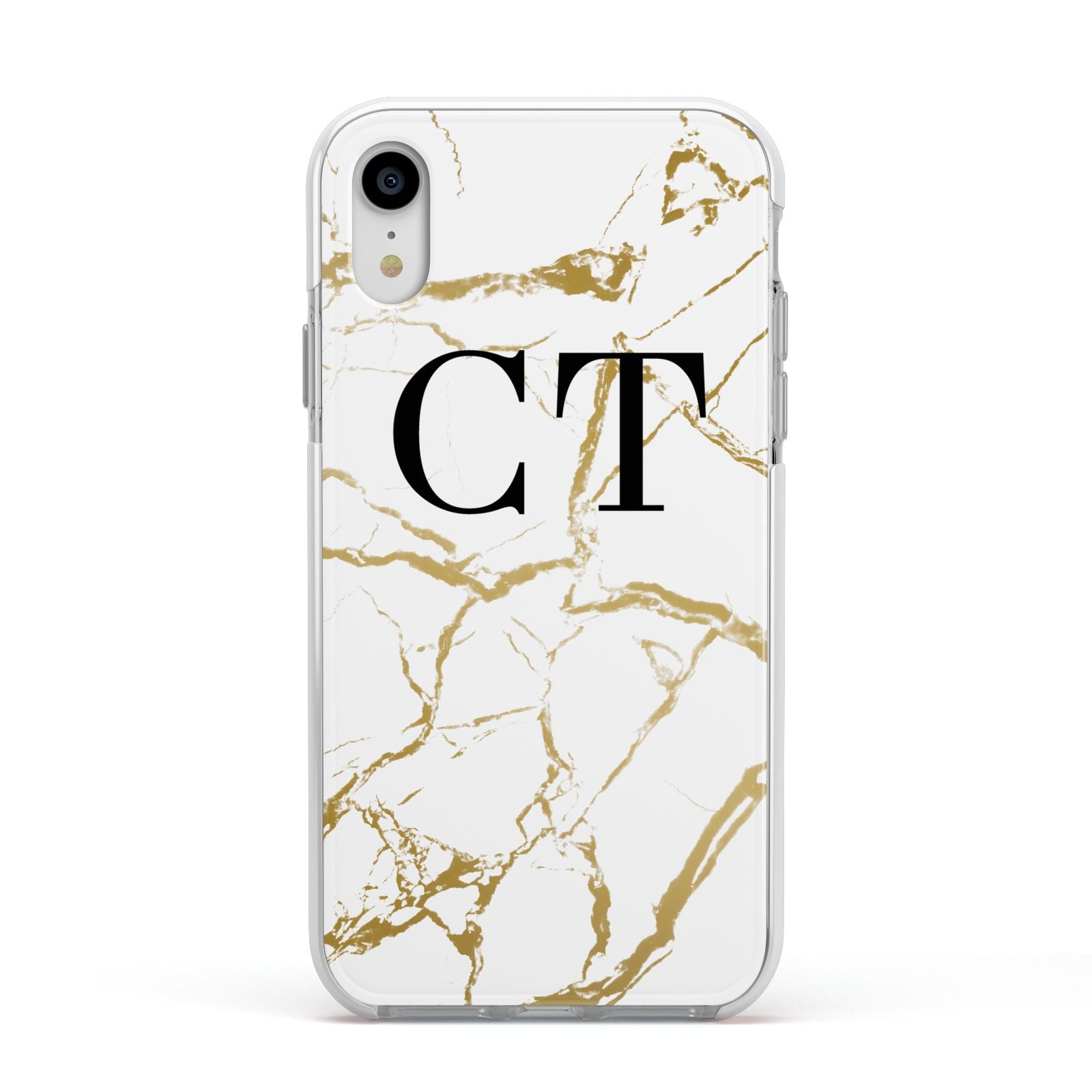 Personalised Gold Veins White Marble Monogram Apple iPhone XR Impact Case White Edge on Silver Phone