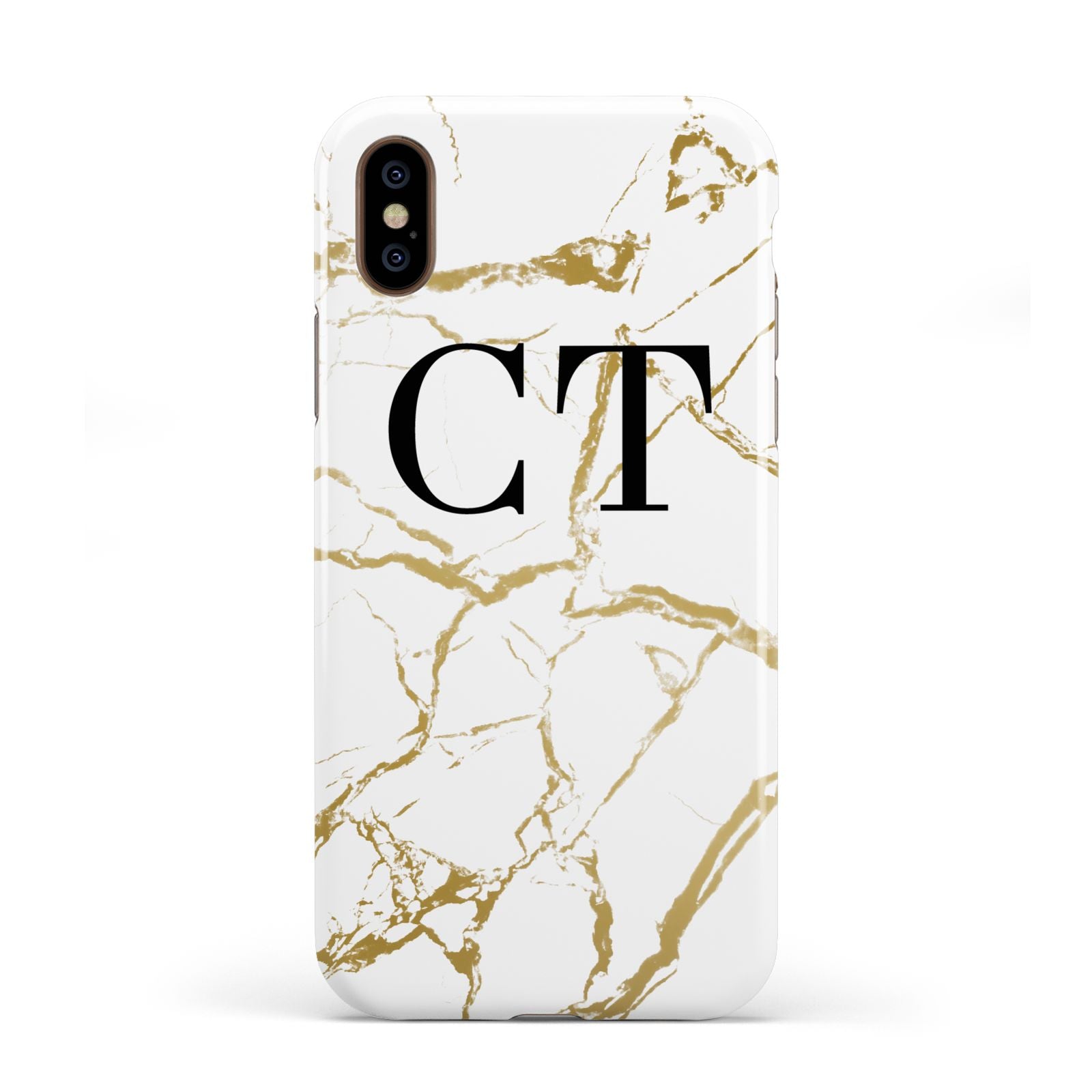 Personalised Gold Veins White Marble Monogram Apple iPhone XS 3D Tough