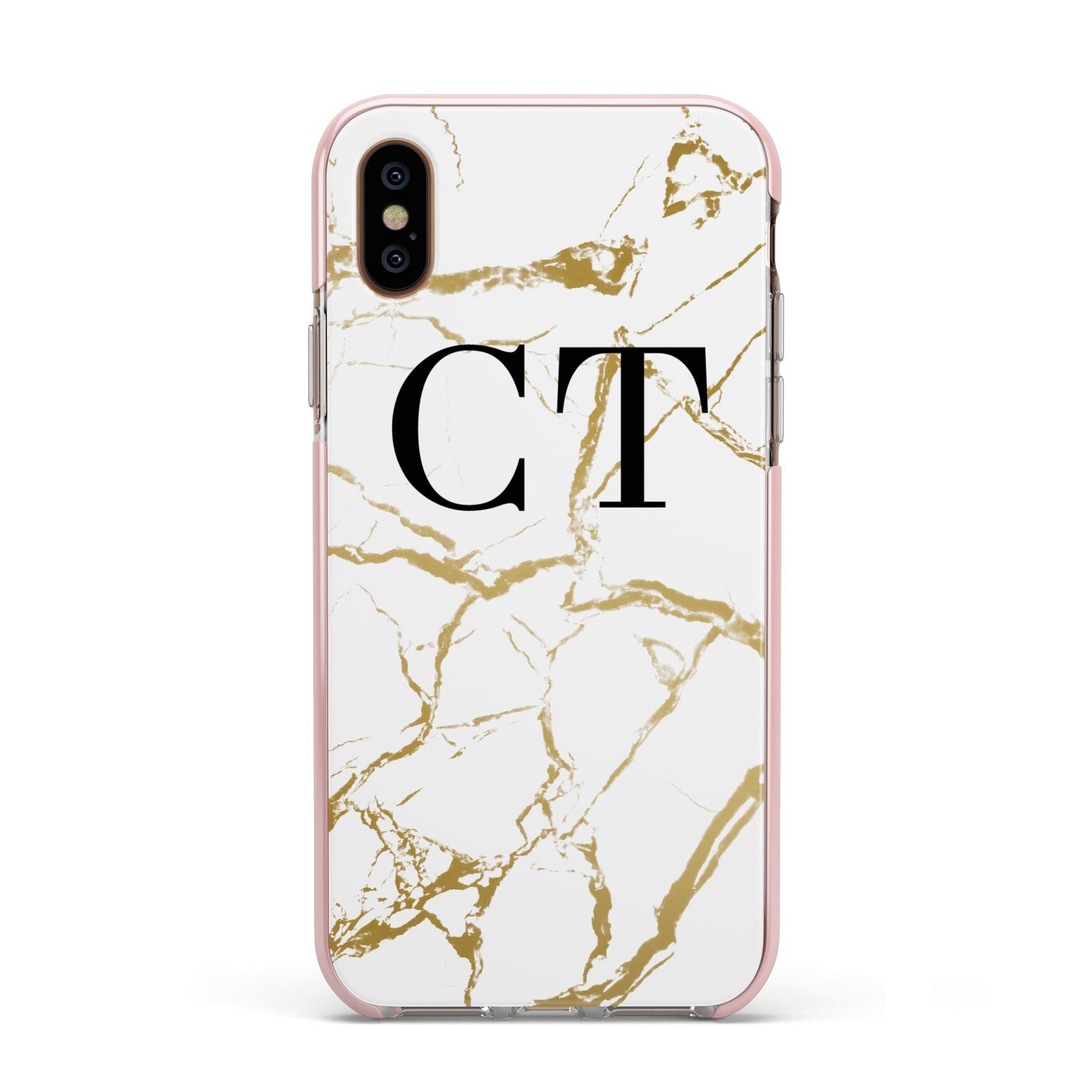 Personalised Gold Veins White Marble Monogram Apple iPhone Xs Impact Case Pink Edge on Gold Phone